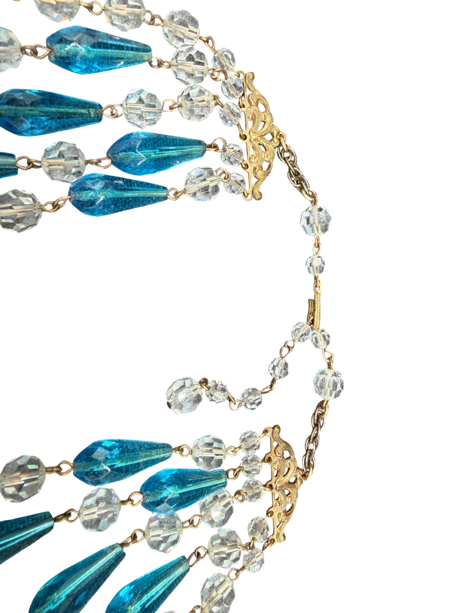 1950s Lead Crystal 5-Strand Necklace with Teal Teardrops and Matching Earrings