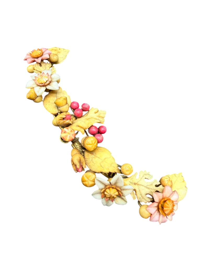 Antique 1900s Carved Bone Brooch with Henna-Dyed Floral Design