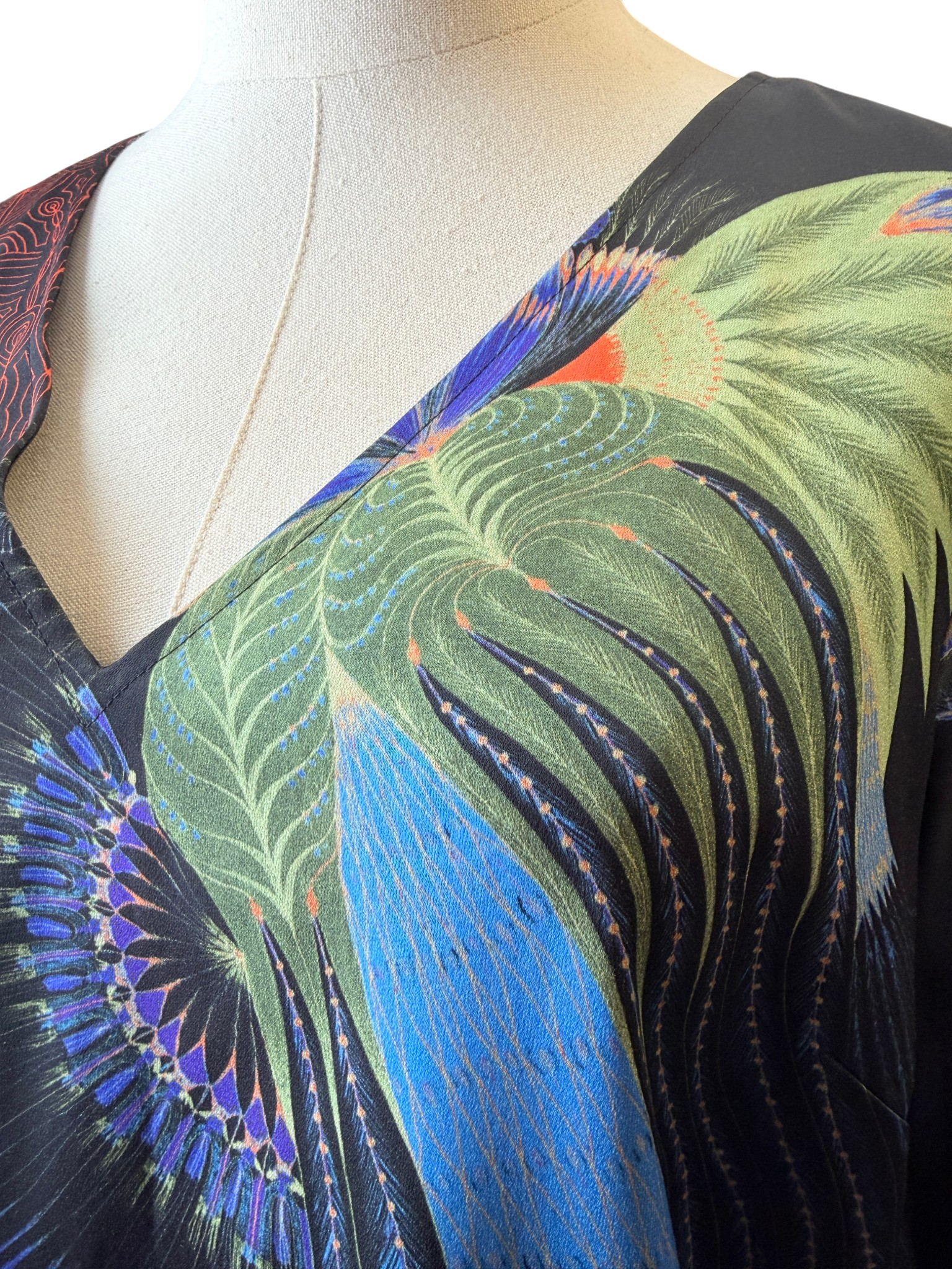 2019 Dries Van Noten Silk Feather Print V-Neck Tunic
