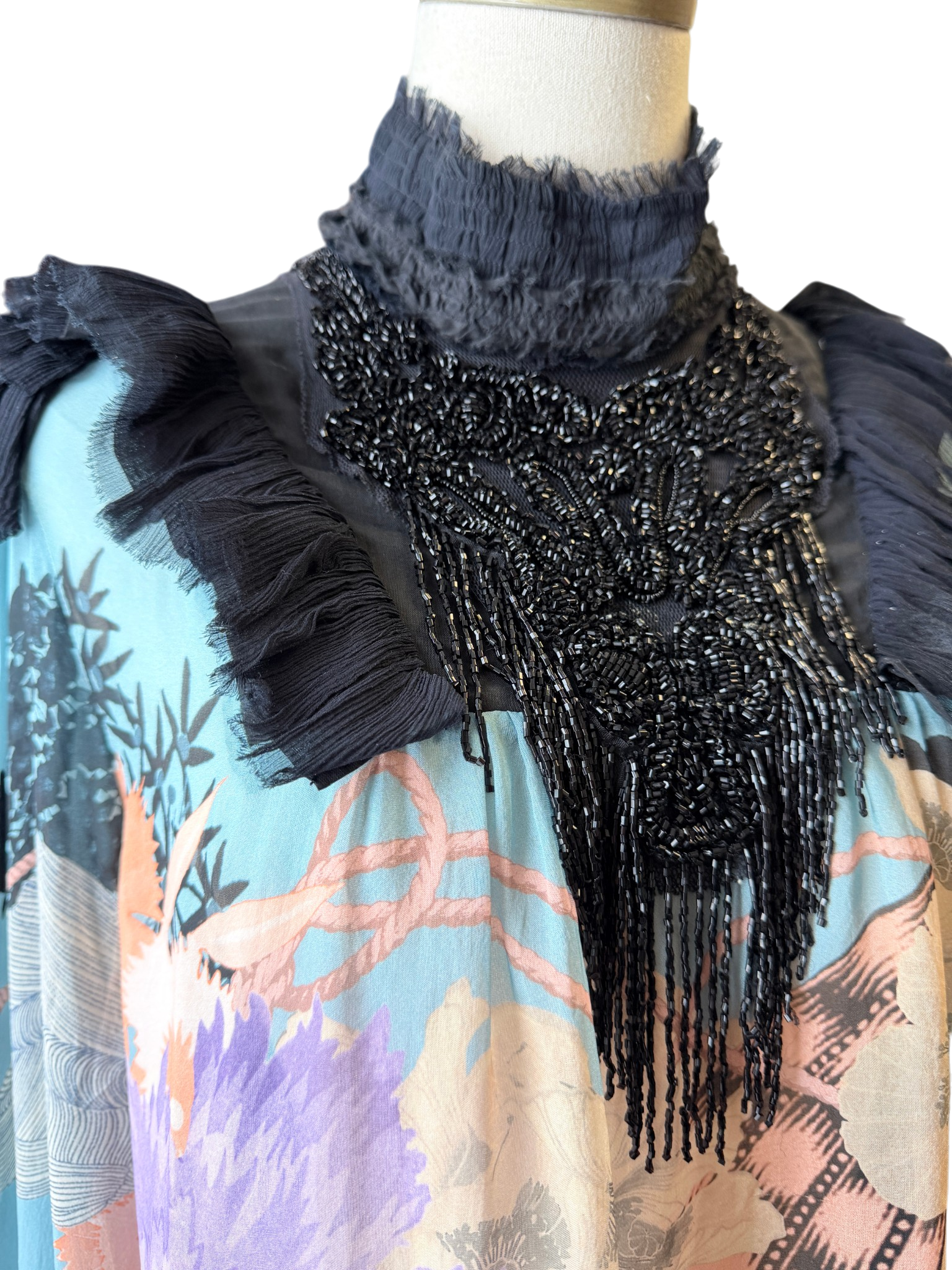2016 Dries Van Noten Sheer Silk Abstract Print Blouse with Beaded Ruffle Detail