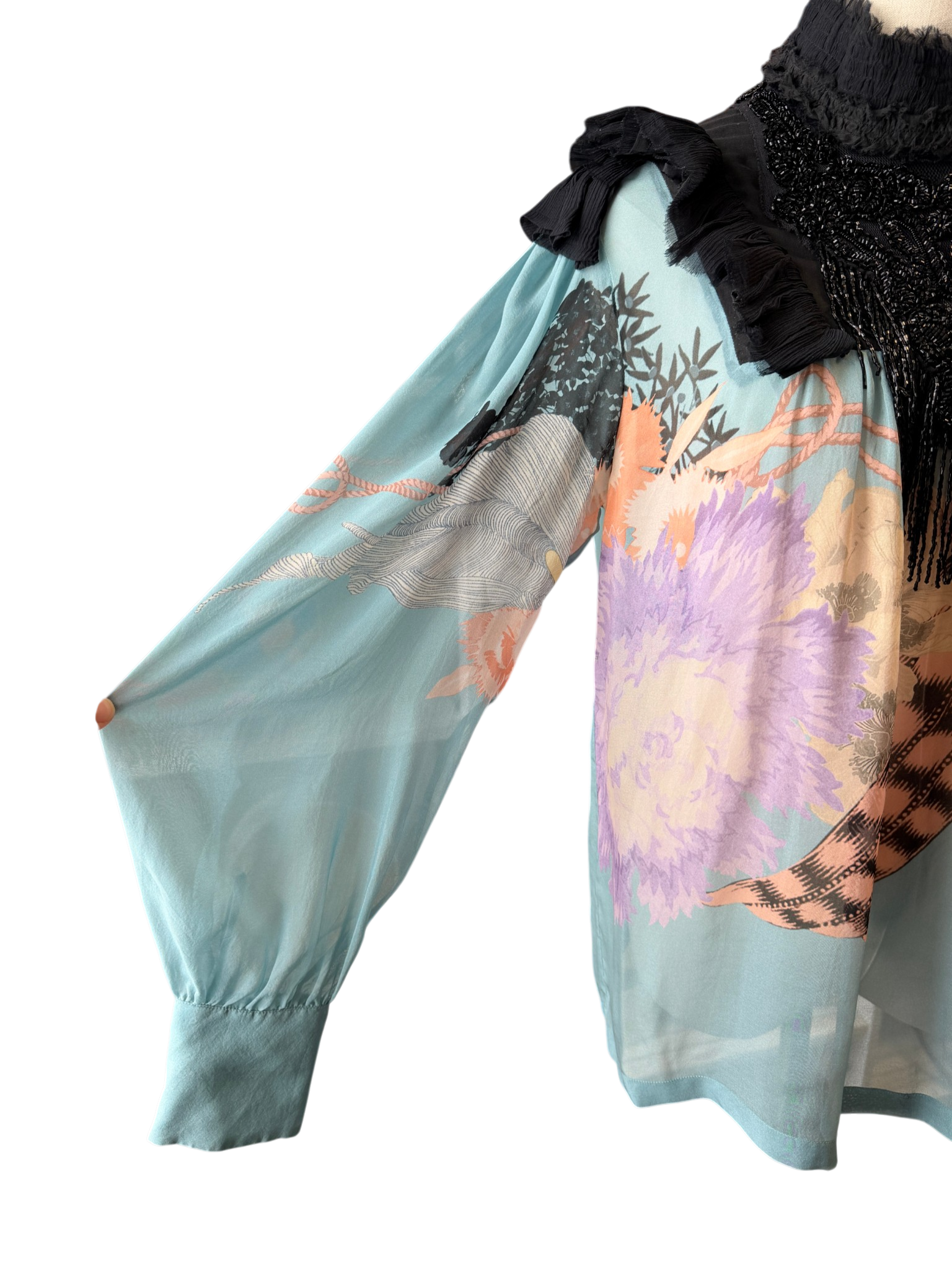 2016 Dries Van Noten Sheer Silk Abstract Print Blouse with Beaded Ruffle Detail