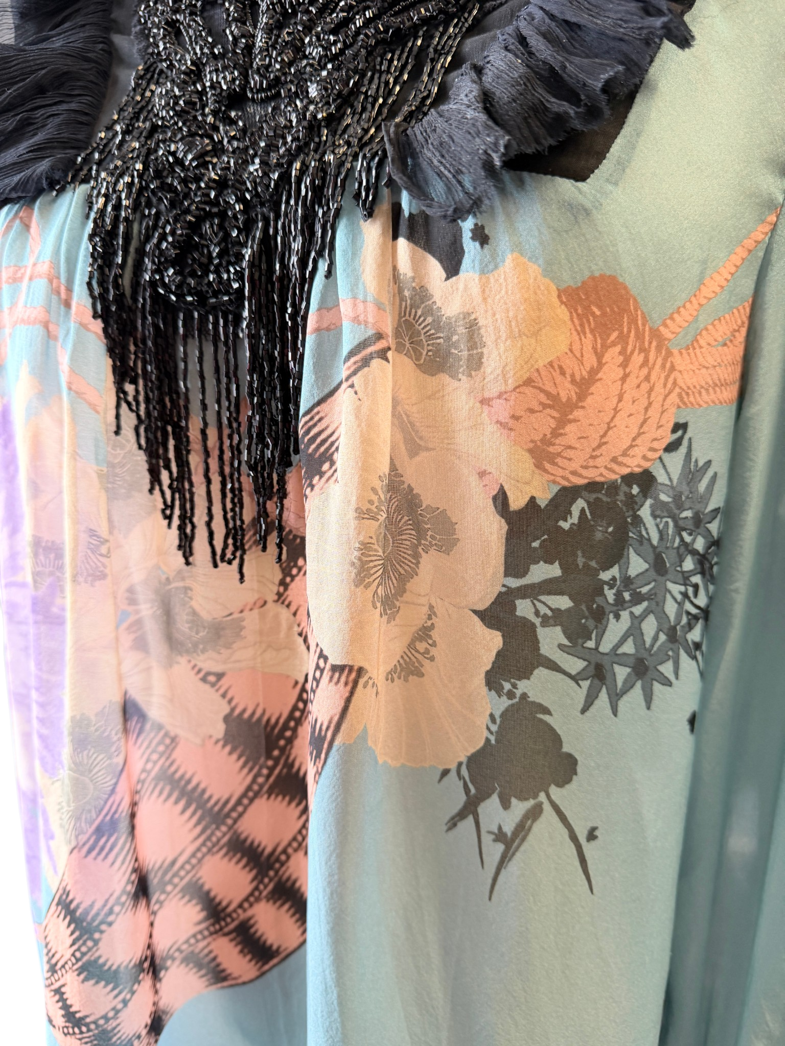2016 Dries Van Noten Sheer Silk Abstract Print Blouse with Beaded Ruffle Detail