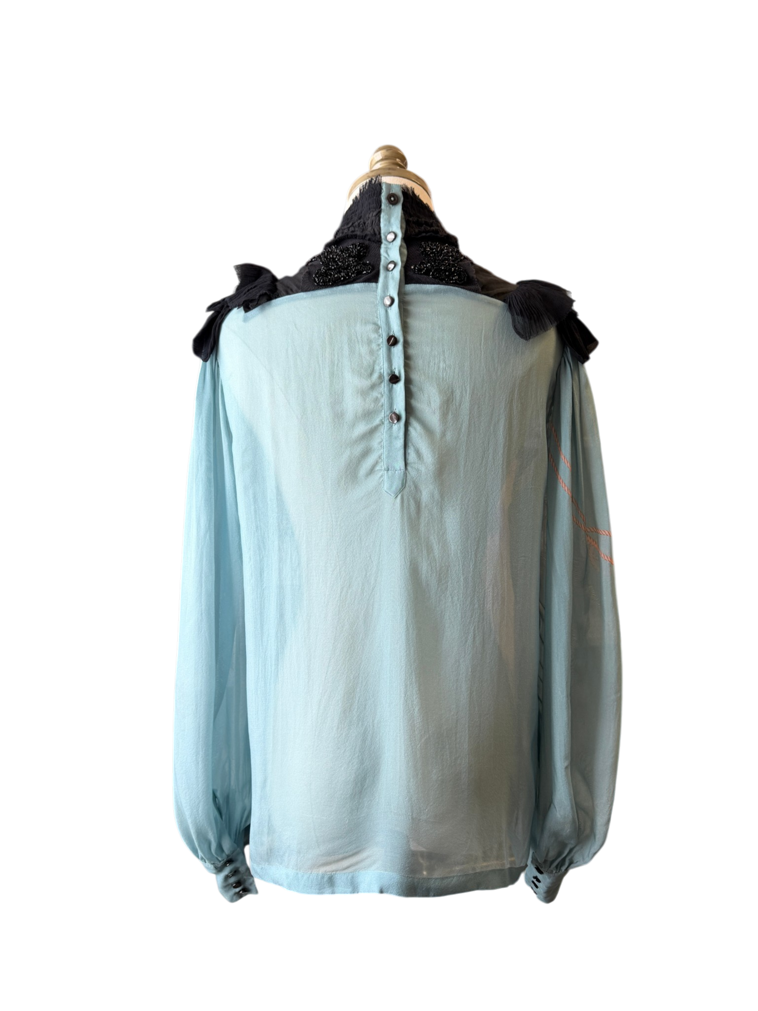 2016 Dries Van Noten Sheer Silk Abstract Print Blouse with Beaded Ruffle Detail
