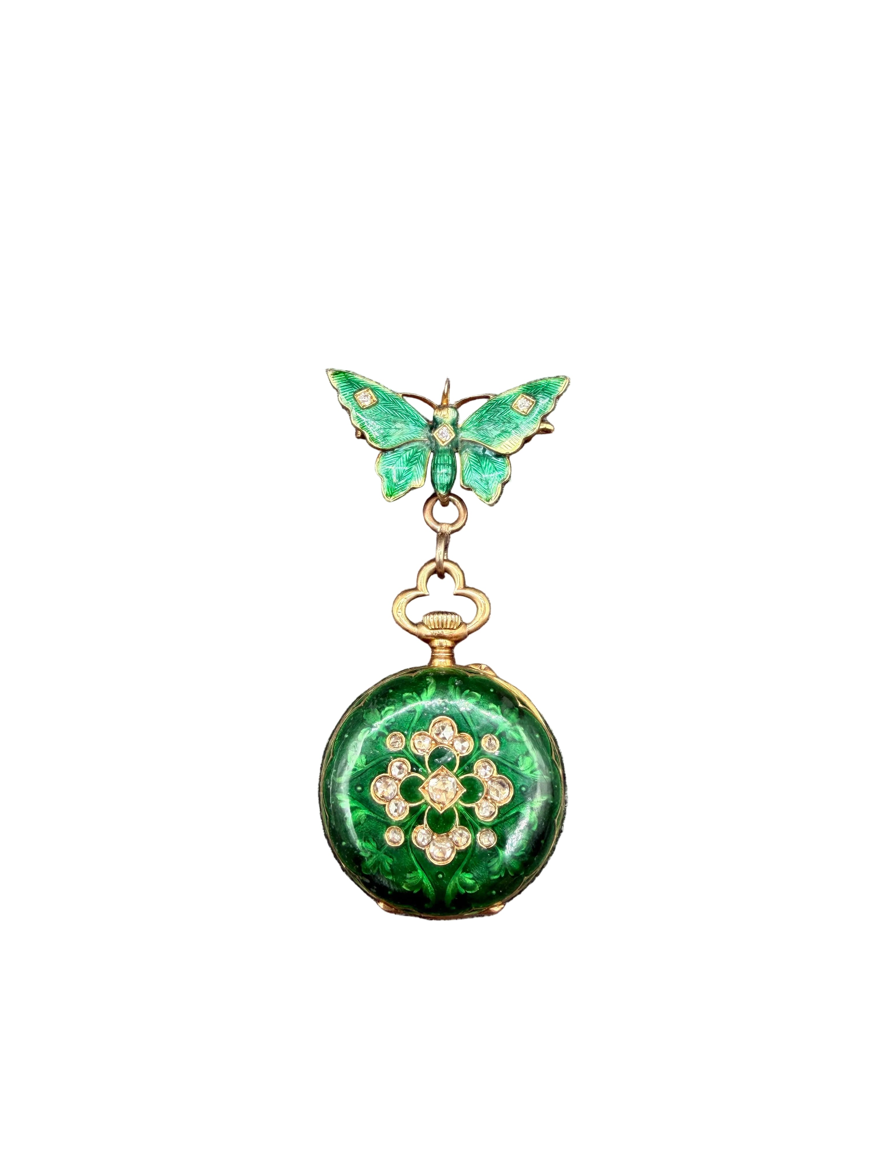 KO11 Victorian 1910c. Vacheron Constantin 18k Gold Green guilloche butterfly brooch with handing 2 sided watch locket both accented with Rose cut diamonds