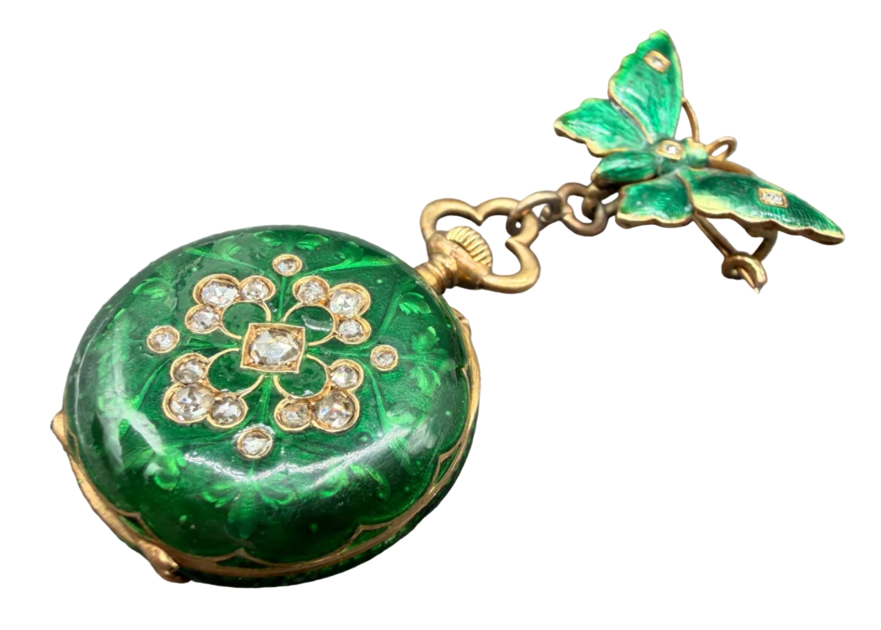 KO11 Victorian 1910c. Vacheron Constantin 18k Gold Green guilloche butterfly brooch with handing 2 sided watch locket both accented with Rose cut diamonds