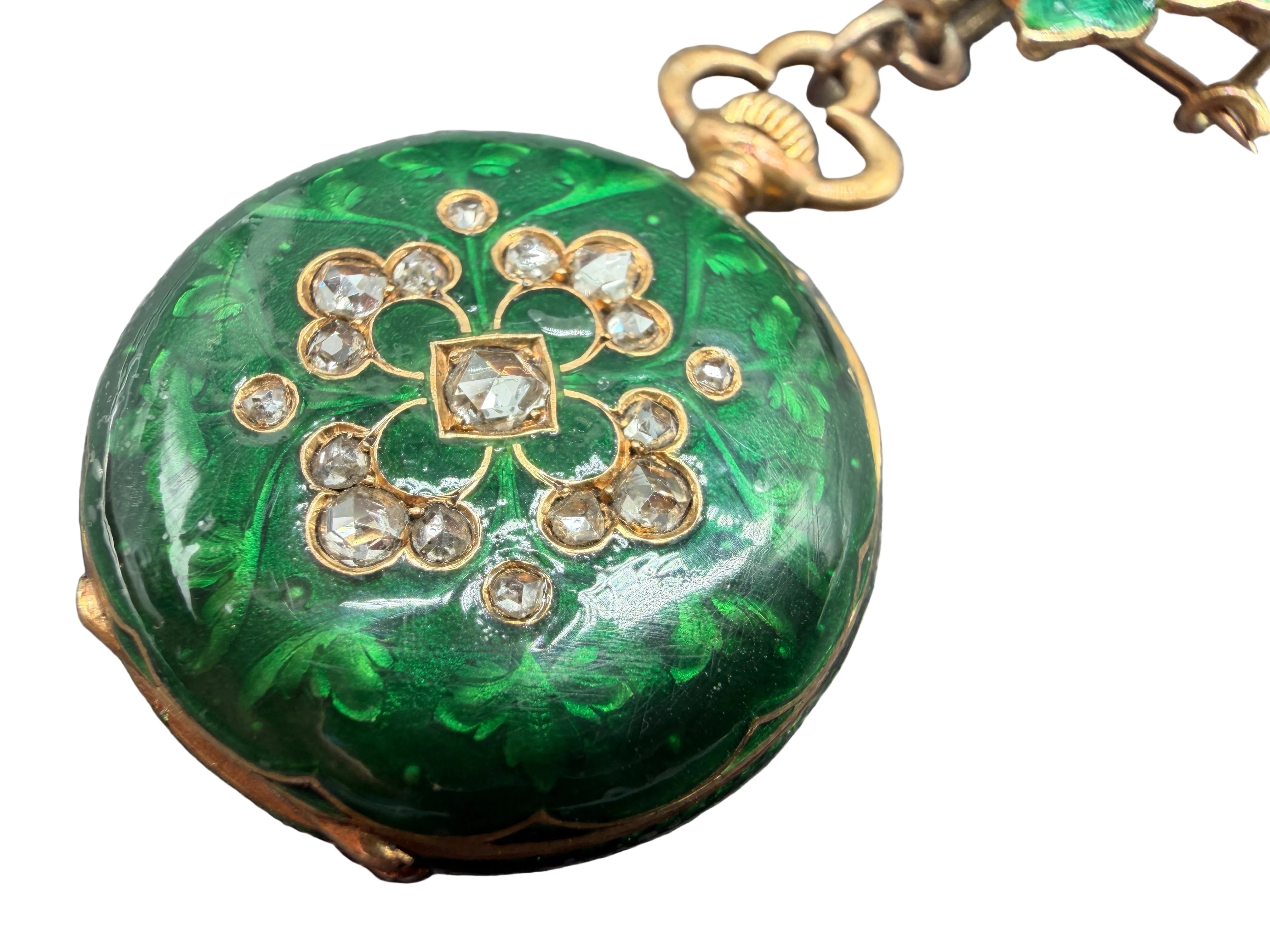 KO11 Victorian 1910c. Vacheron Constantin 18k Gold Green guilloche butterfly brooch with handing 2 sided watch locket both accented with Rose cut diamonds