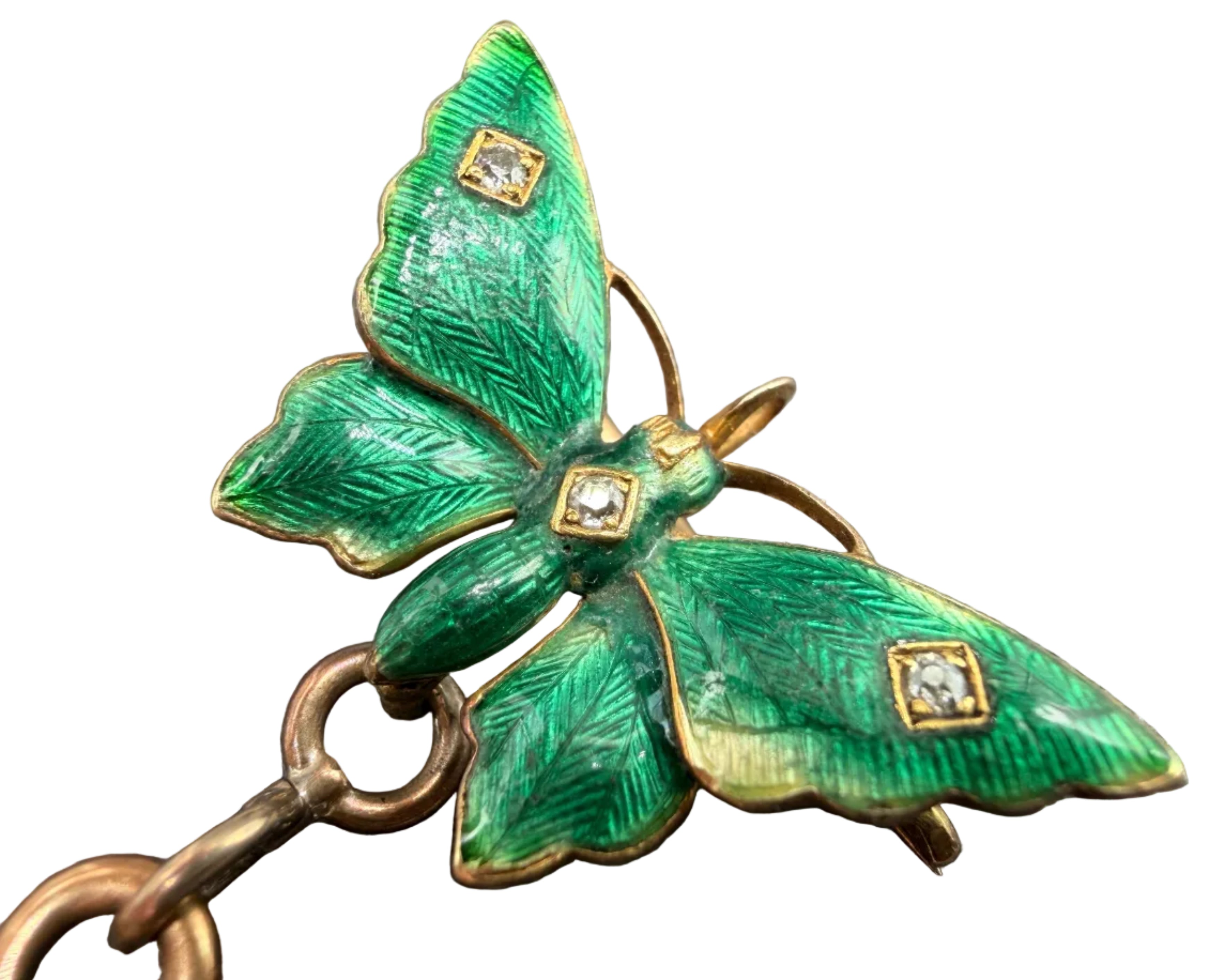 KO11 Victorian 1910c. Vacheron Constantin 18k Gold Green guilloche butterfly brooch with handing 2 sided watch locket both accented with Rose cut diamonds