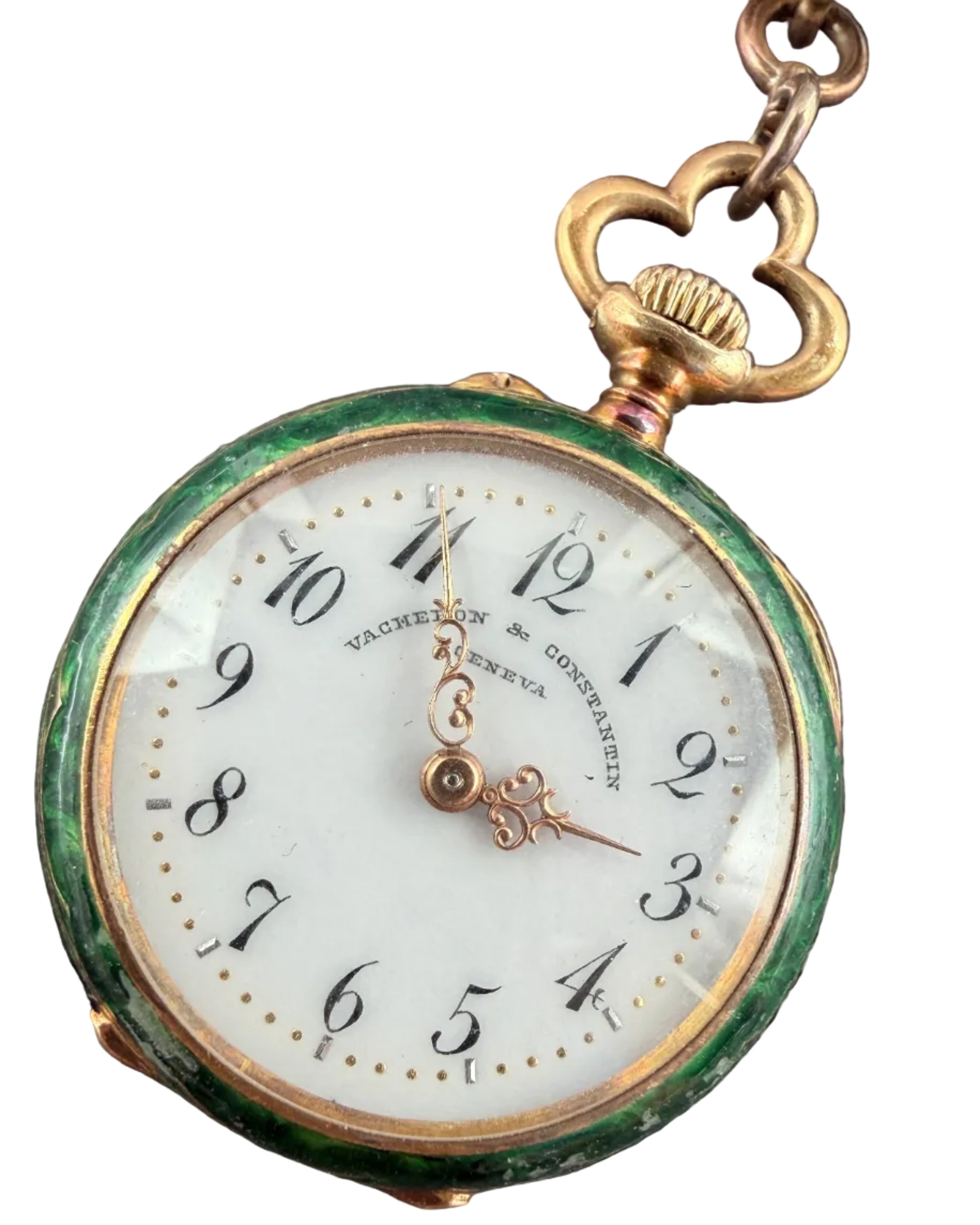 KO11 Victorian 1910c. Vacheron Constantin 18k Gold Green guilloche butterfly brooch with handing 2 sided watch locket both accented with Rose cut diamonds