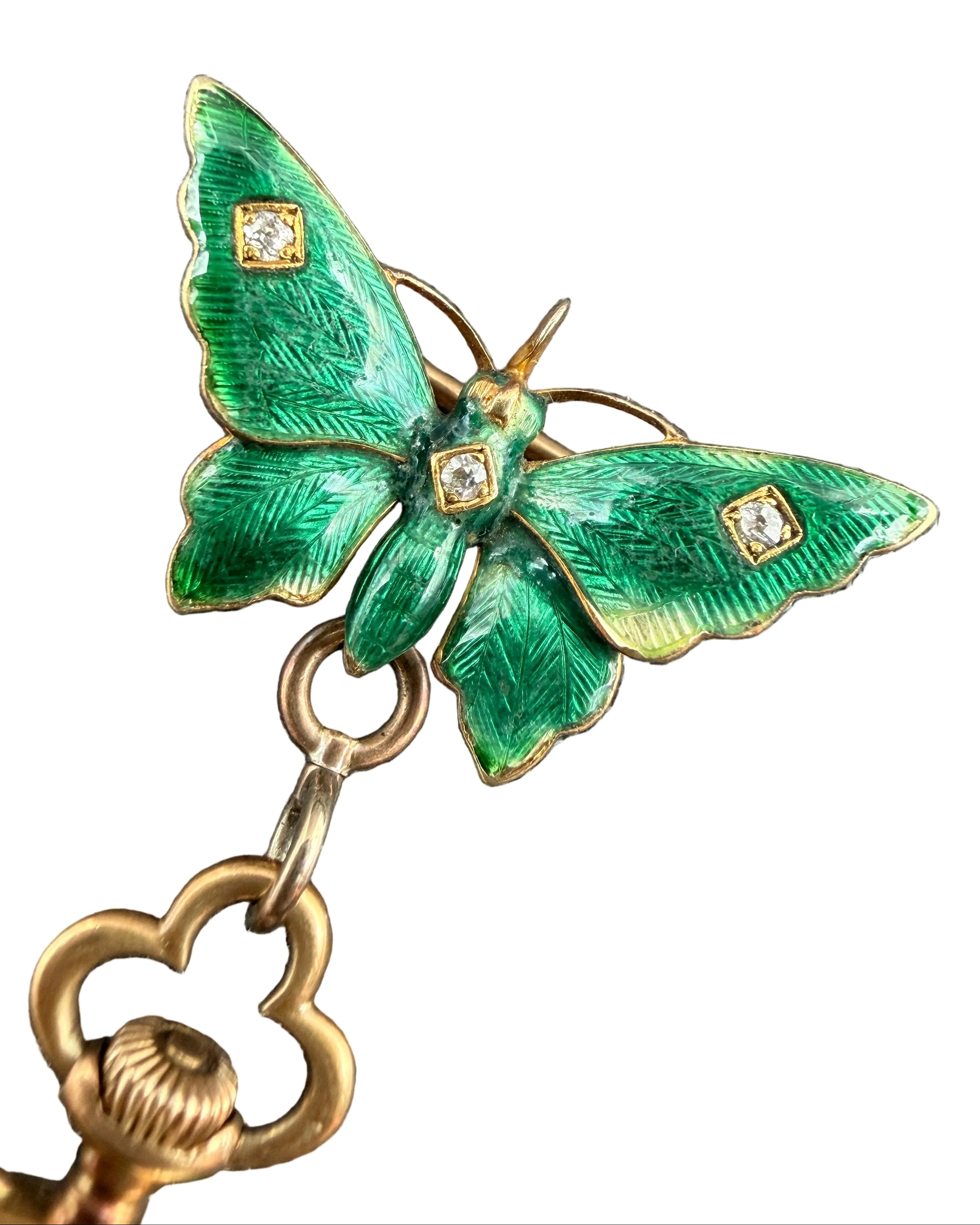 KO11 Victorian 1910c. Vacheron Constantin 18k Gold Green guilloche butterfly brooch with handing 2 sided watch locket both accented with Rose cut diamonds