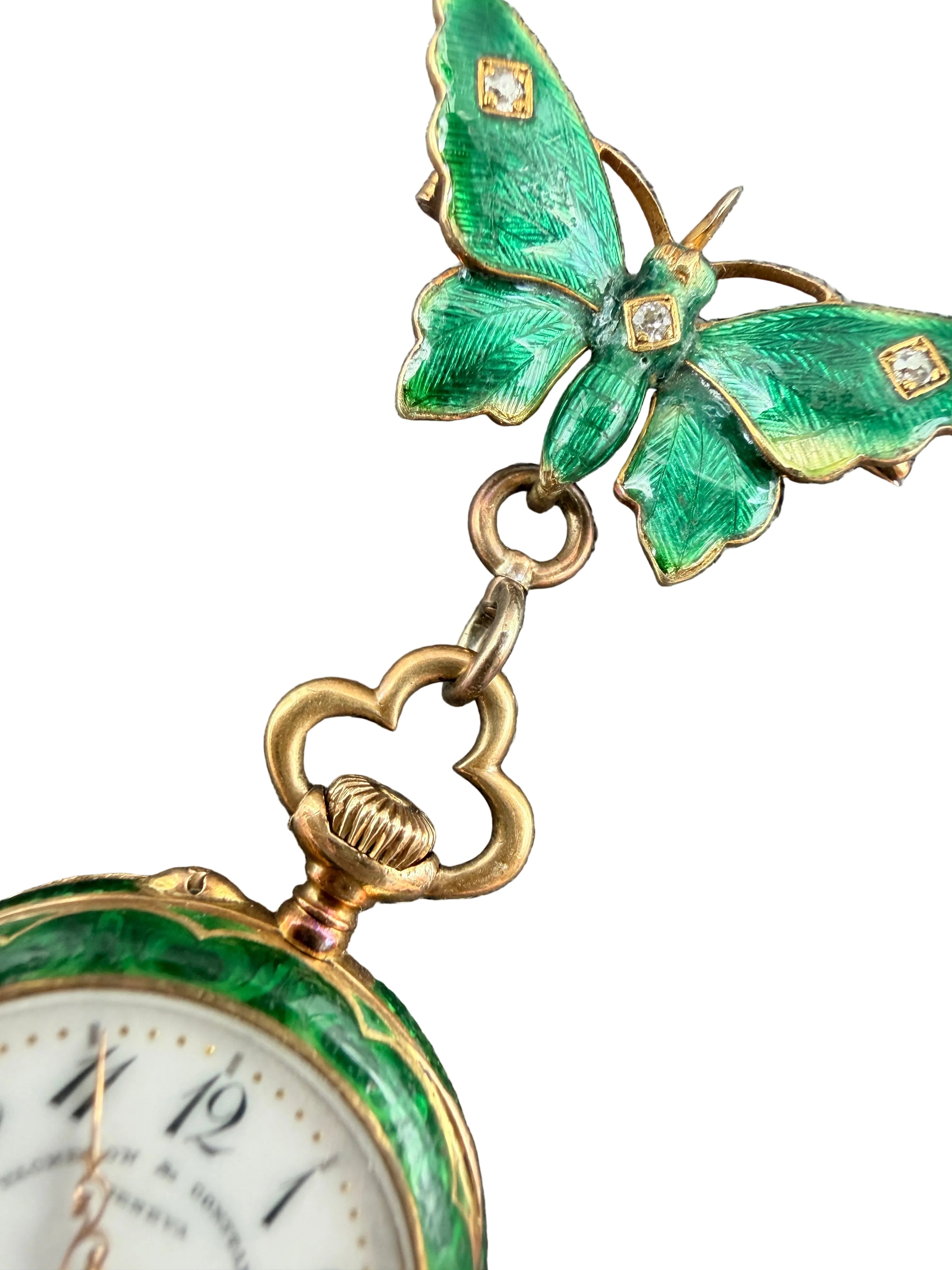KO11 Victorian 1910c. Vacheron Constantin 18k Gold Green guilloche butterfly brooch with handing 2 sided watch locket both accented with Rose cut diamonds
