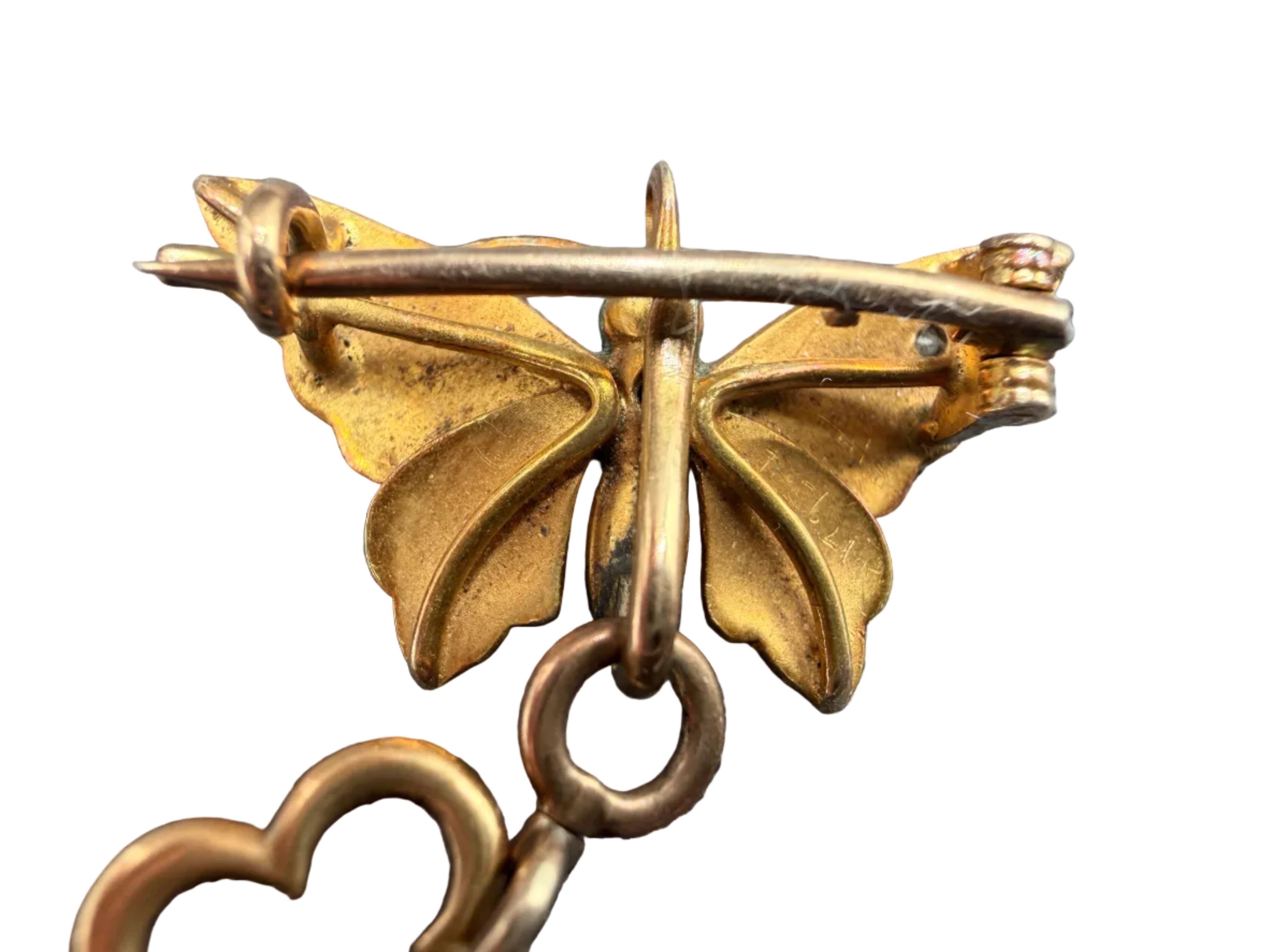 KO11 Victorian 1910c. Vacheron Constantin 18k Gold Green guilloche butterfly brooch with handing 2 sided watch locket both accented with Rose cut diamonds