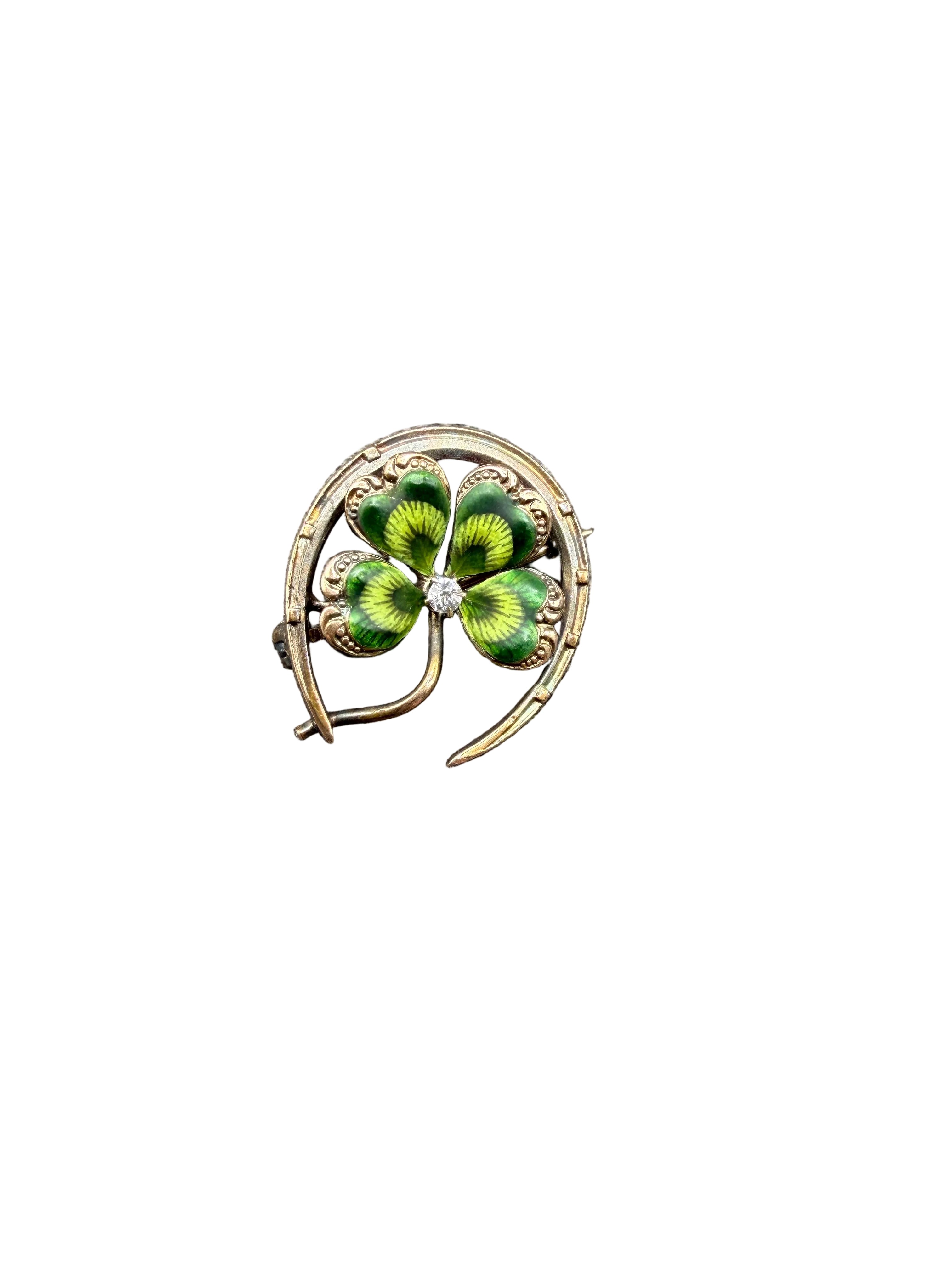 Rare 1930s Krementz & Co. 14K Gold Guilloché Horseshoe & Four-Leaf Clover Brooch with Diamond