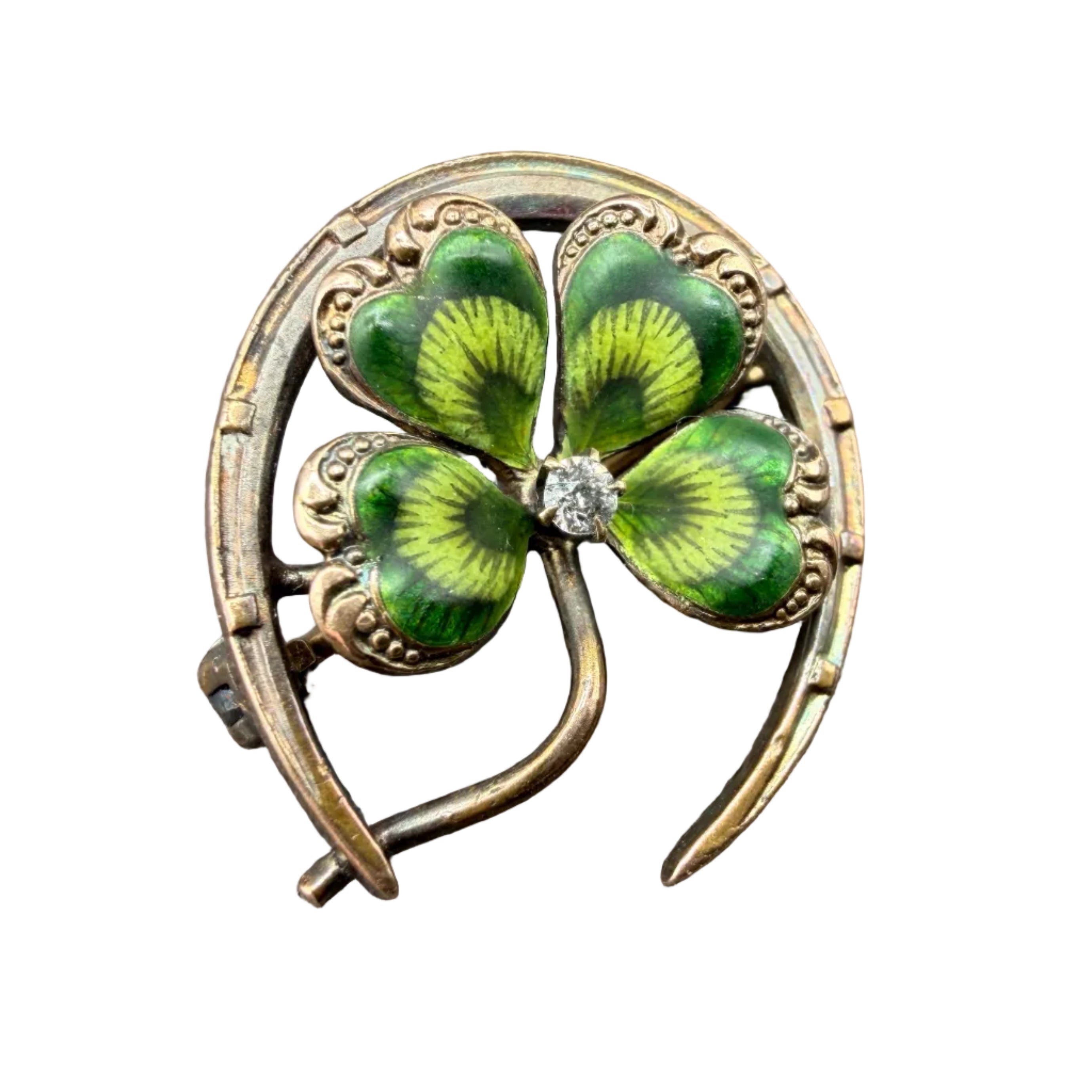 Rare 1930s Krementz & Co. 14K Gold Guilloché Horseshoe & Four-Leaf Clover Brooch with Diamond