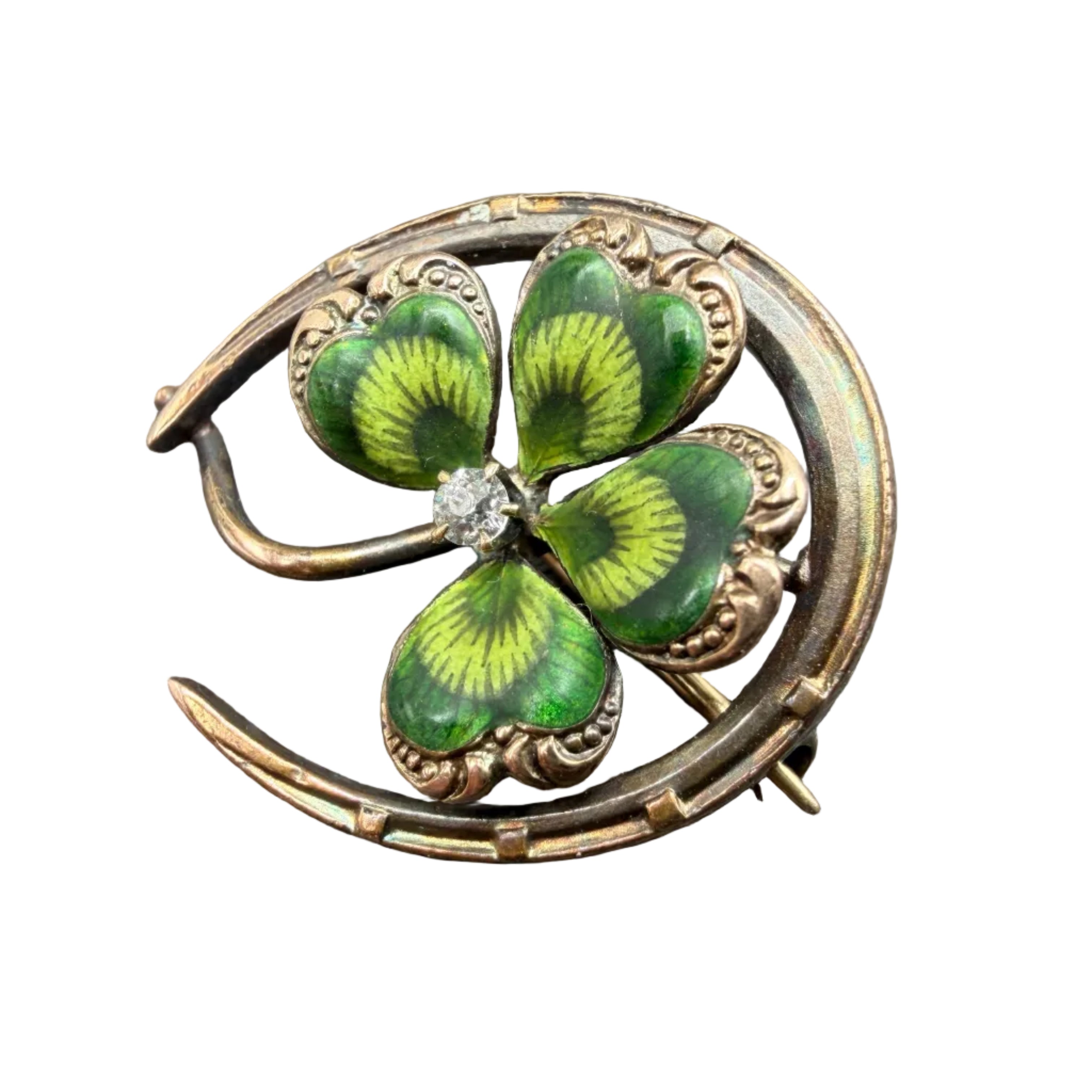 Rare 1930s Krementz & Co. 14K Gold Guilloché Horseshoe & Four-Leaf Clover Brooch with Diamond