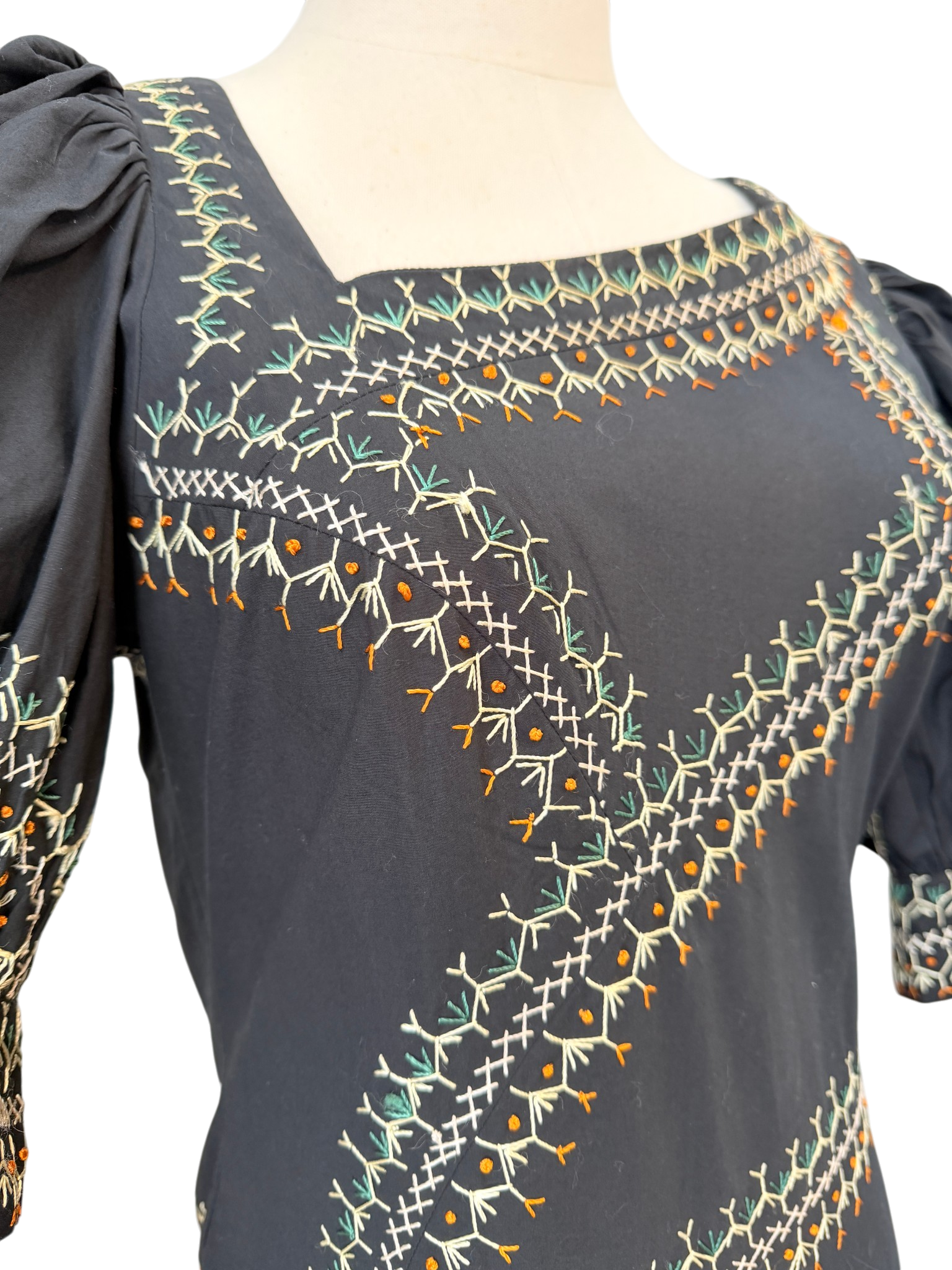 Ulla Johnson “Uma” Asymmetrical Embroidered Dress with Puff Sleeves
