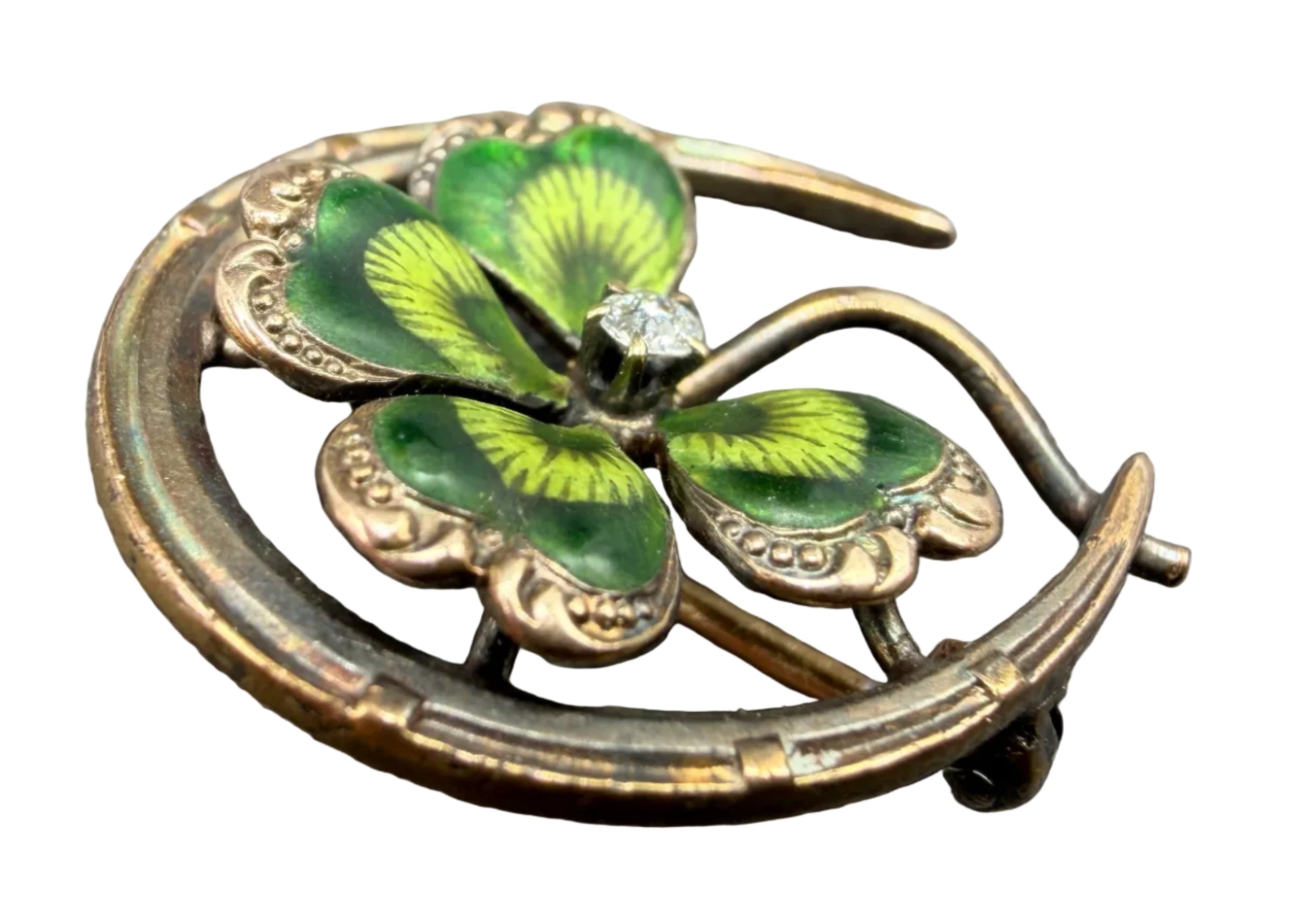 Rare 1930s Krementz & Co. 14K Gold Guilloché Horseshoe & Four-Leaf Clover Brooch with Diamond