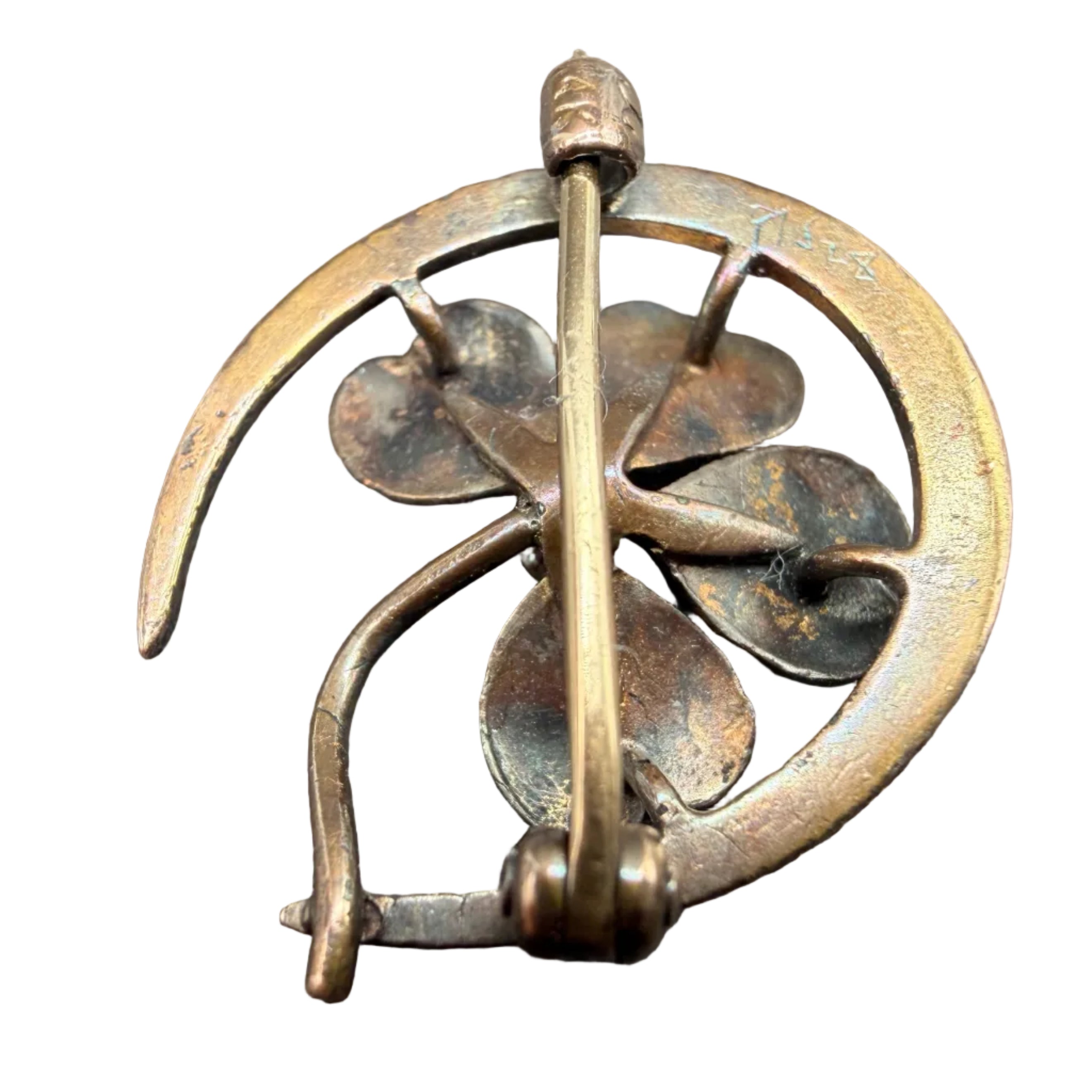 Rare 1930s Krementz & Co. 14K Gold Guilloché Horseshoe & Four-Leaf Clover Brooch with Diamond