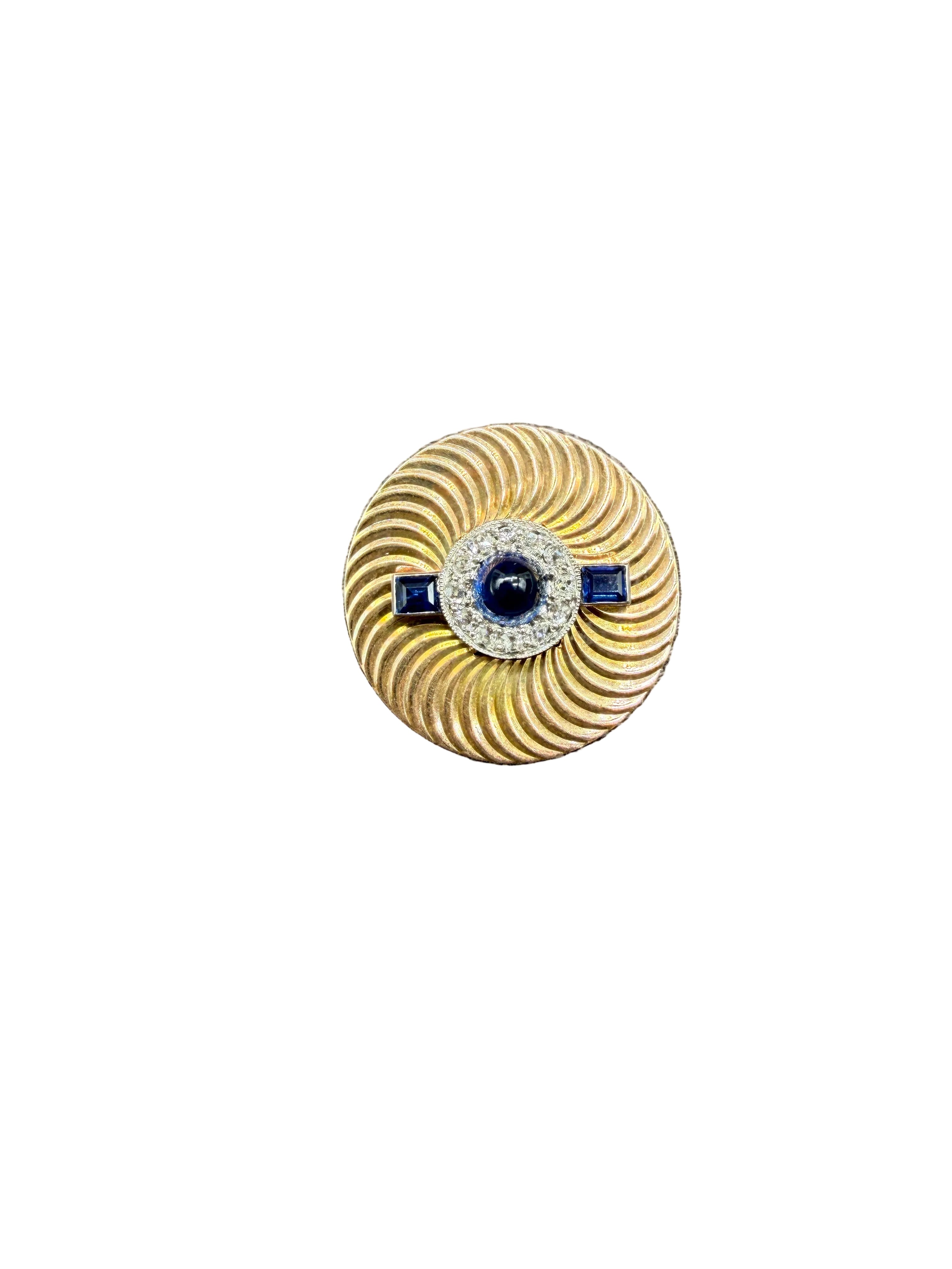 1940s 14K Gold Spiral-Cut Disc Brooch with Cabochon Sapphire, Diamonds & Square-Cut Sapphires