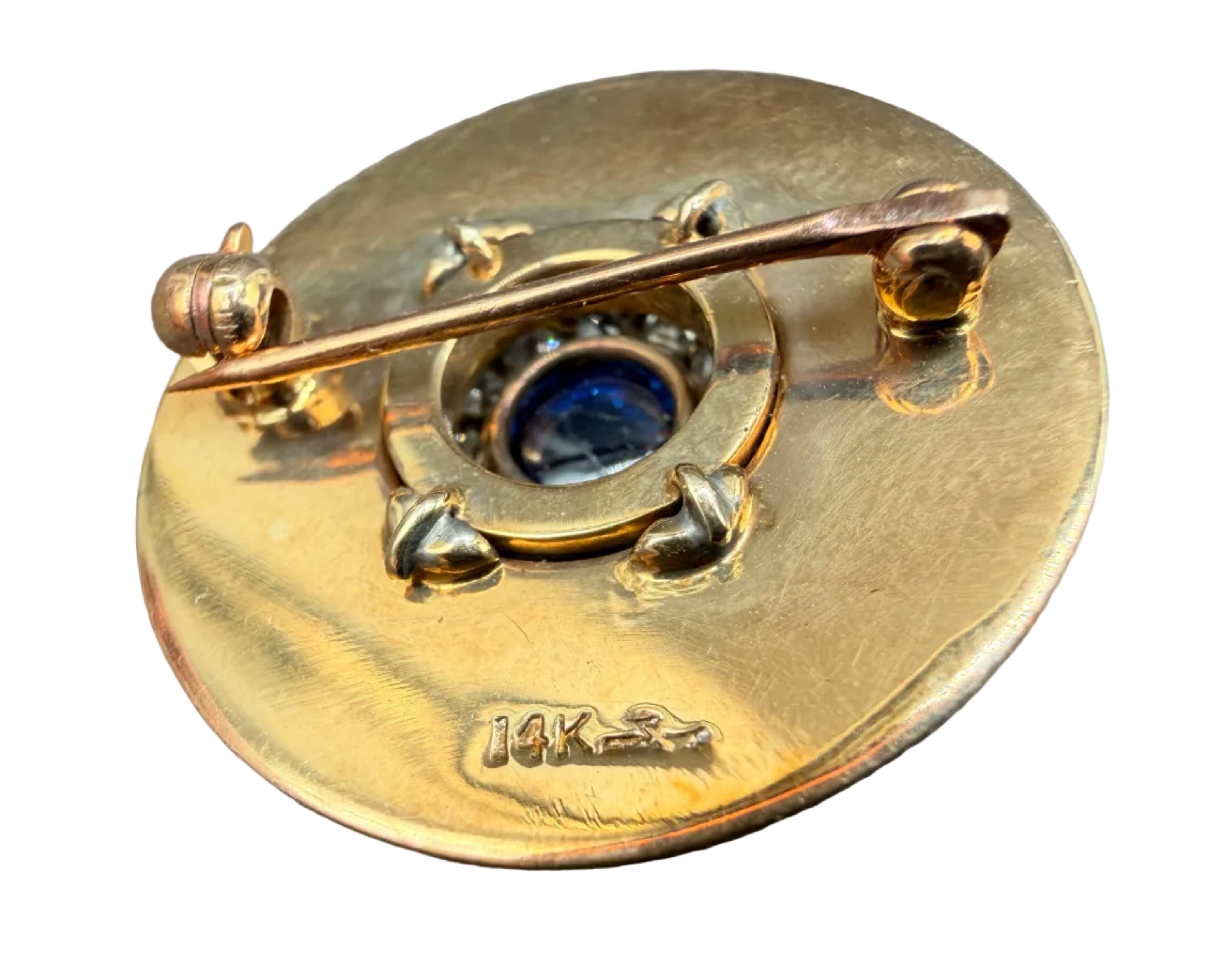 1940s 14K Gold Spiral-Cut Disc Brooch with Cabochon Sapphire, Diamonds & Square-Cut Sapphires