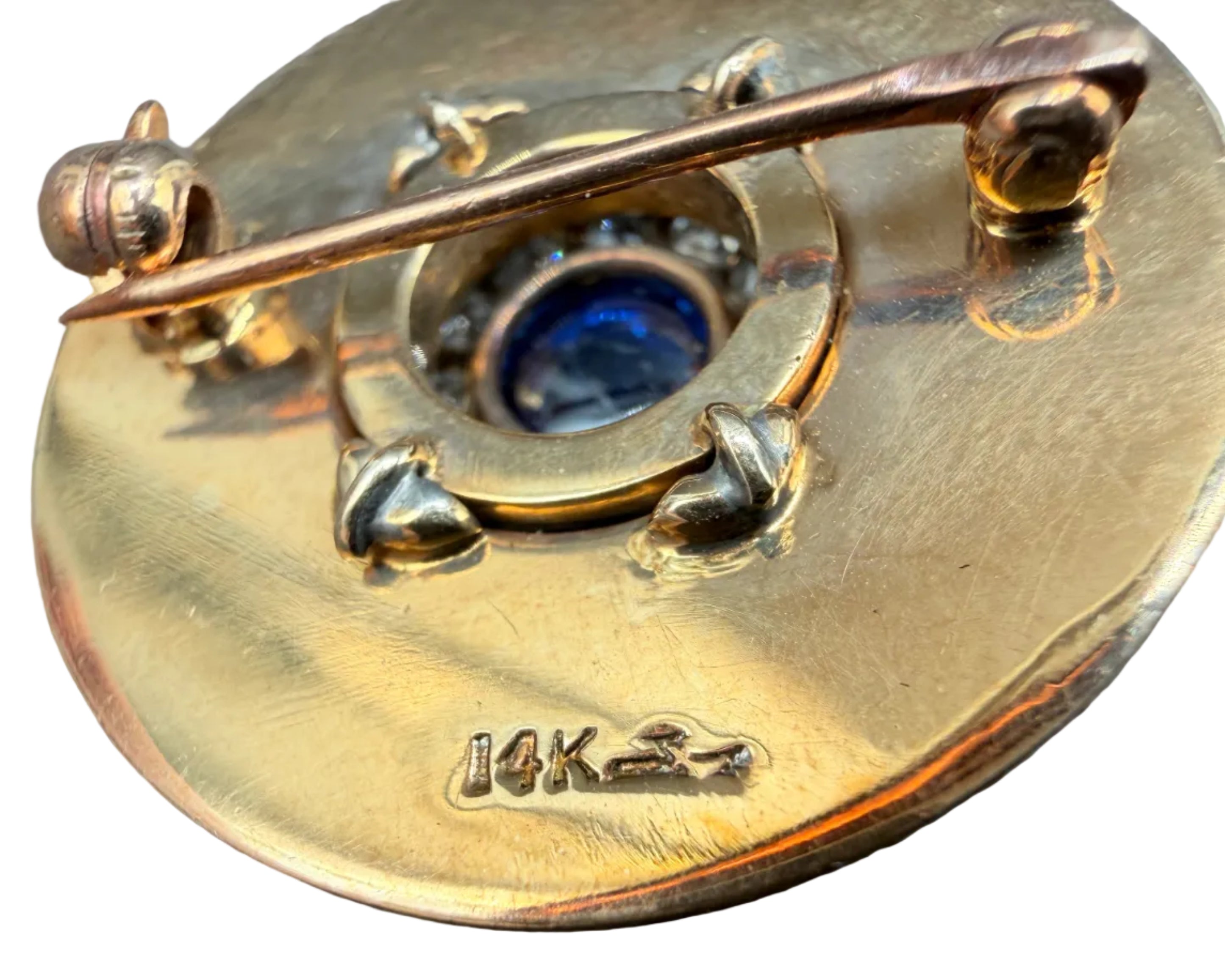 1940s 14K Gold Spiral-Cut Disc Brooch with Cabochon Sapphire, Diamonds & Square-Cut Sapphires