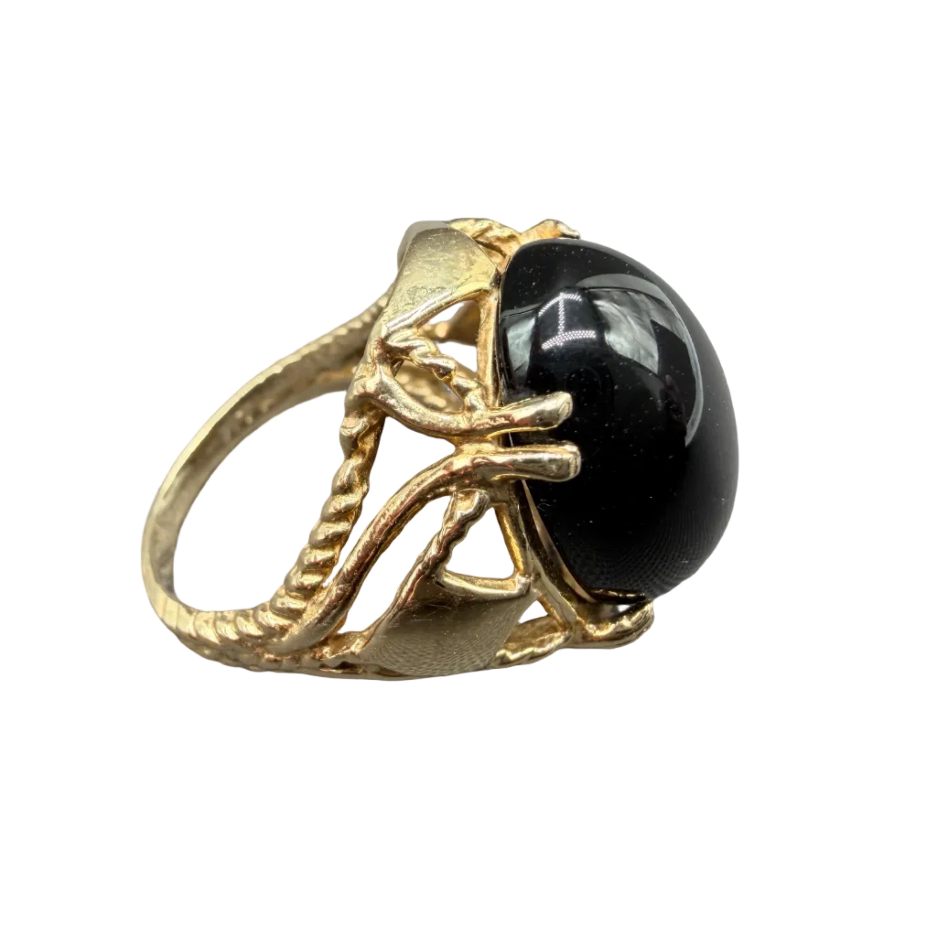 1920s Art Deco 14K Gold Onyx Cocktail Ring with Open Diamond-Shaped Shoulders