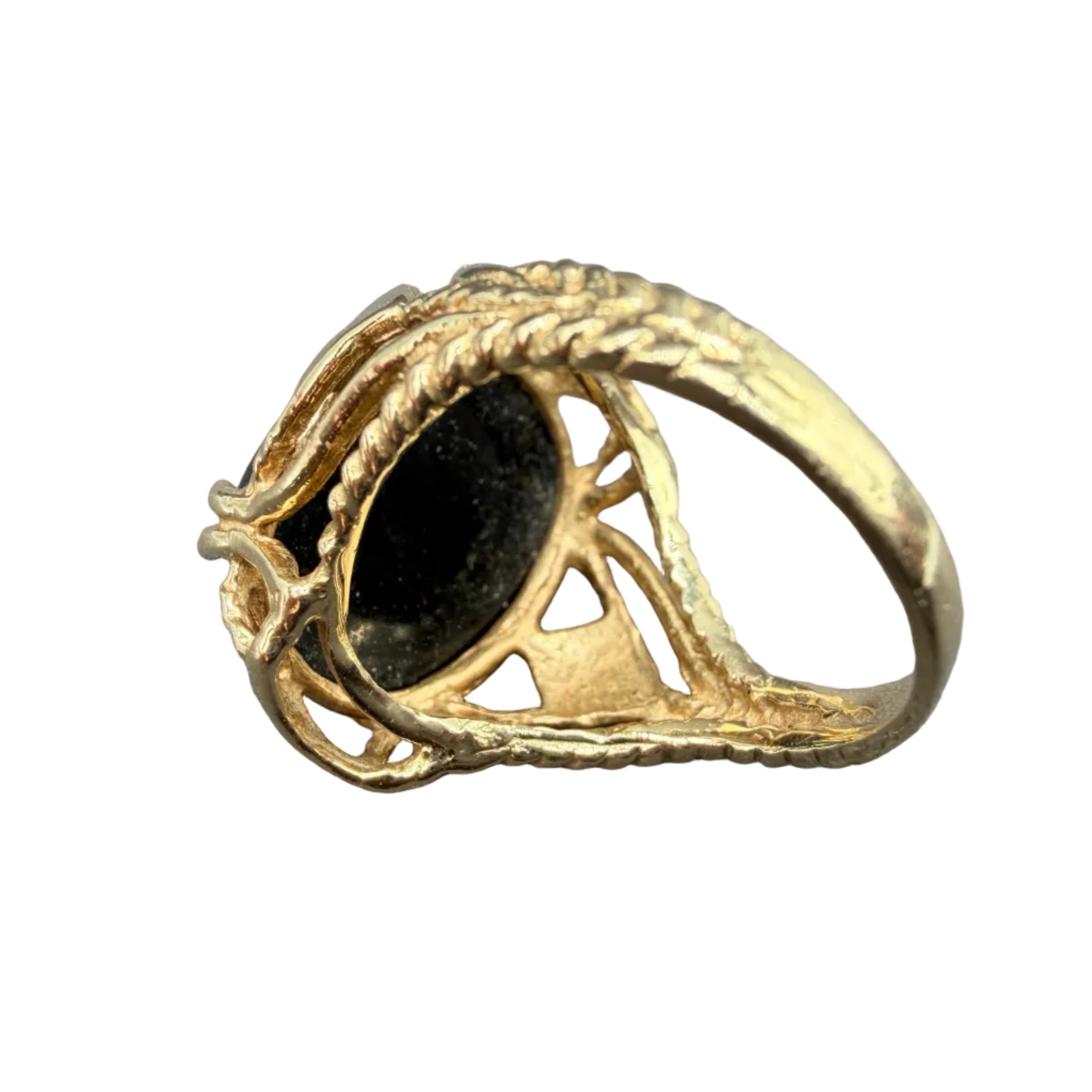 1920s Art Deco 14K Gold Onyx Cocktail Ring with Open Diamond-Shaped Shoulders