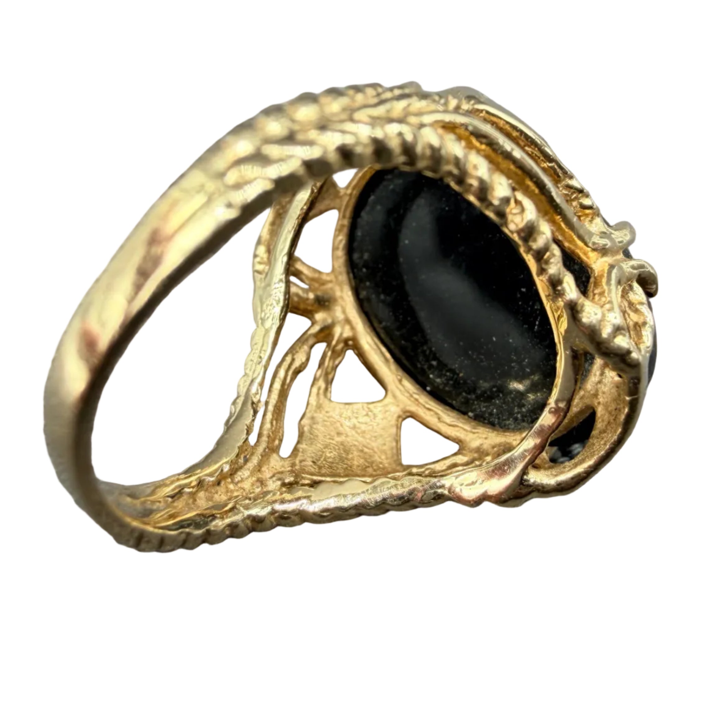 1920s Art Deco 14K Gold Onyx Cocktail Ring with Open Diamond-Shaped Shoulders