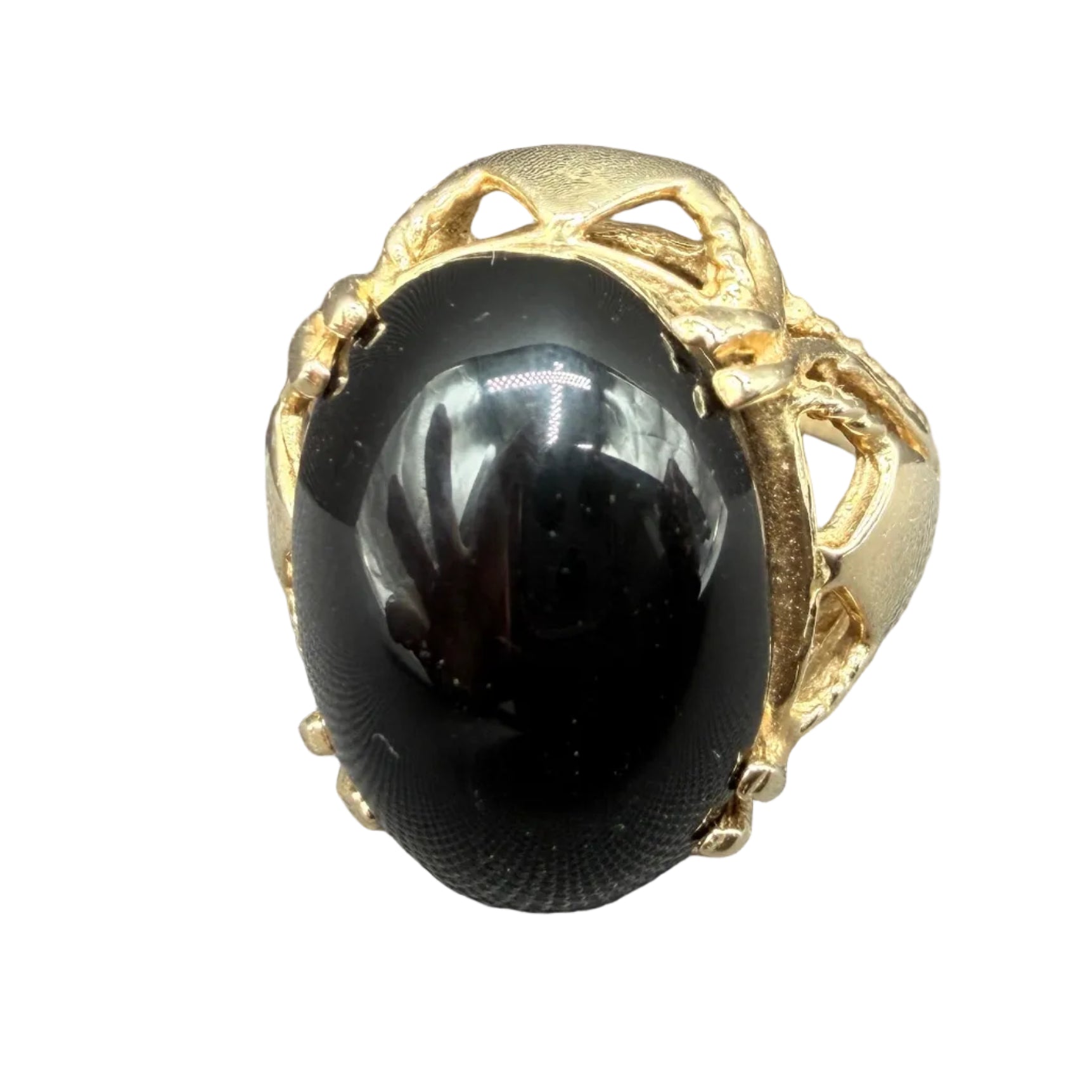 1920s Art Deco 14K Gold Onyx Cocktail Ring with Open Diamond-Shaped Shoulders