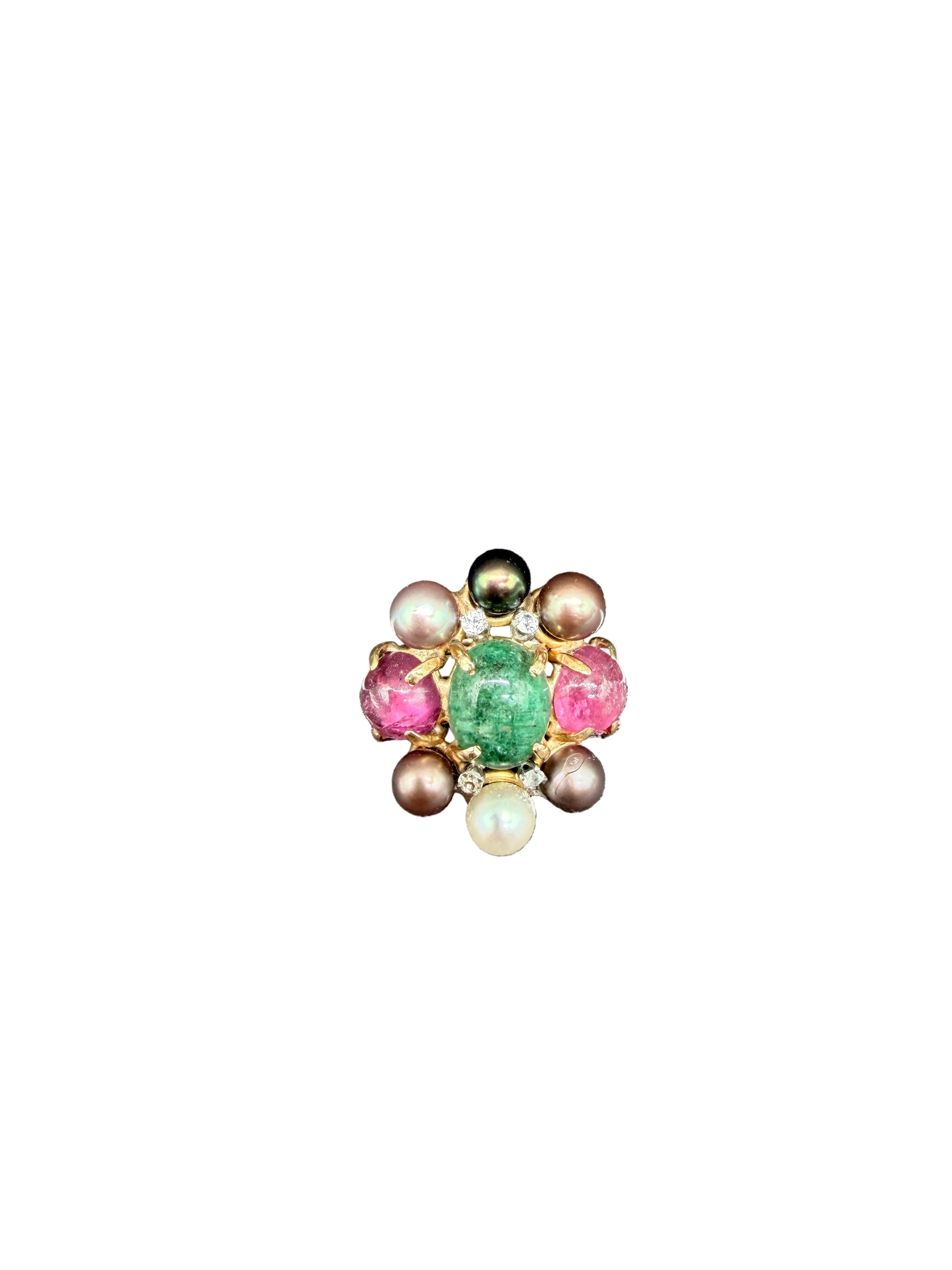 1950s 14K Gold Heliodor, Pink Tourmaline & Pearl Cluster Cocktail Ring