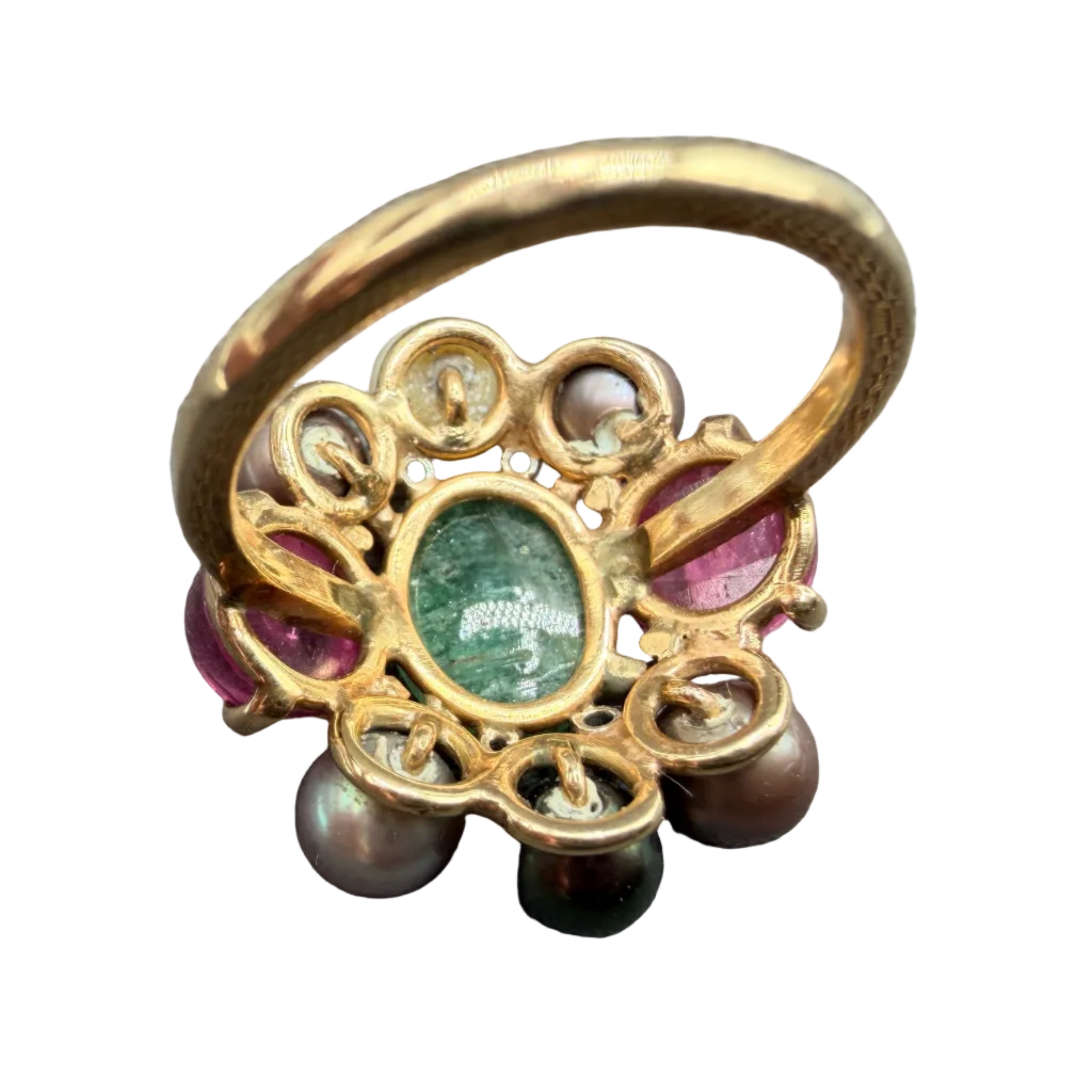 1950s 14K Gold Heliodor, Pink Tourmaline & Pearl Cluster Cocktail Ring