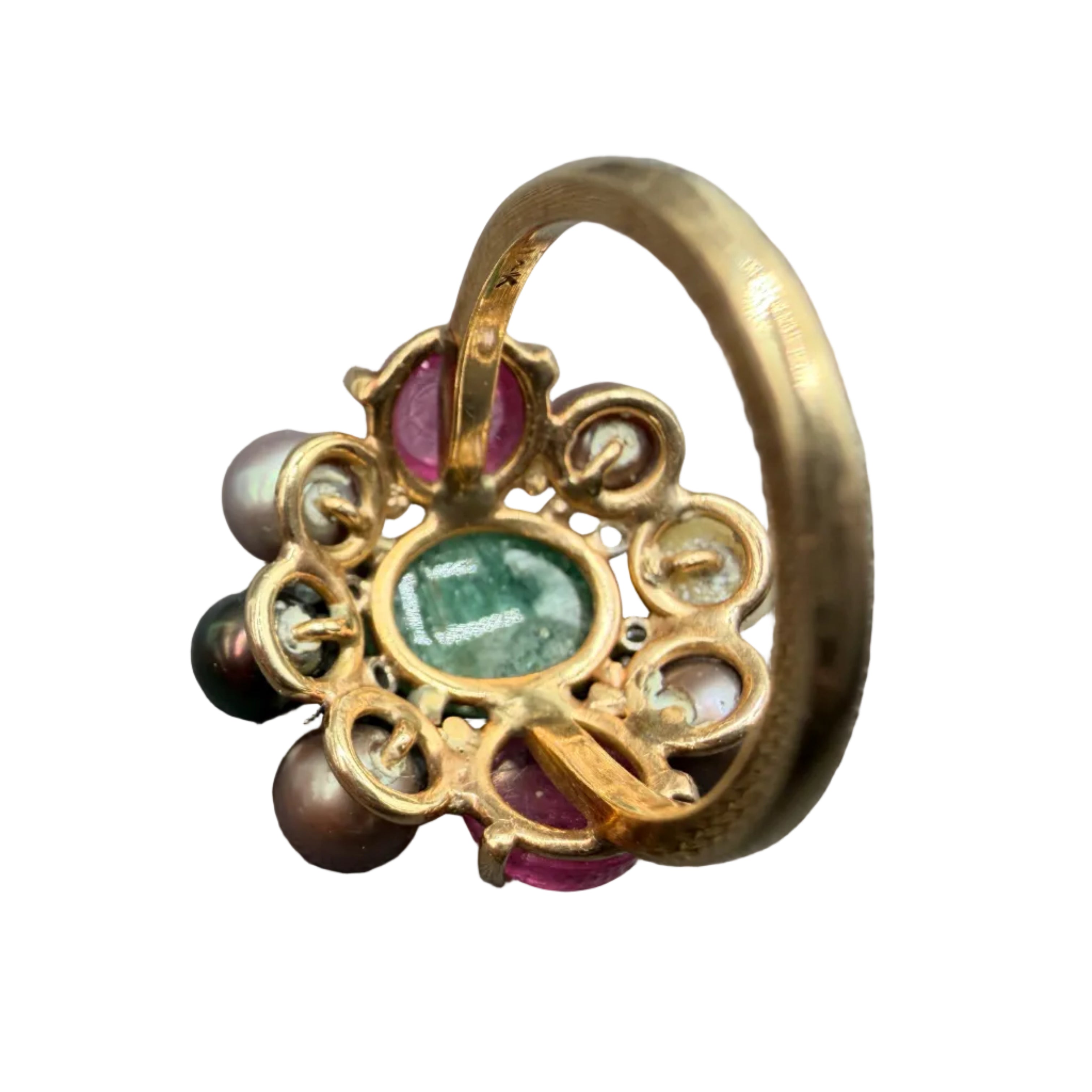 1950s 14K Gold Heliodor, Pink Tourmaline & Pearl Cluster Cocktail Ring