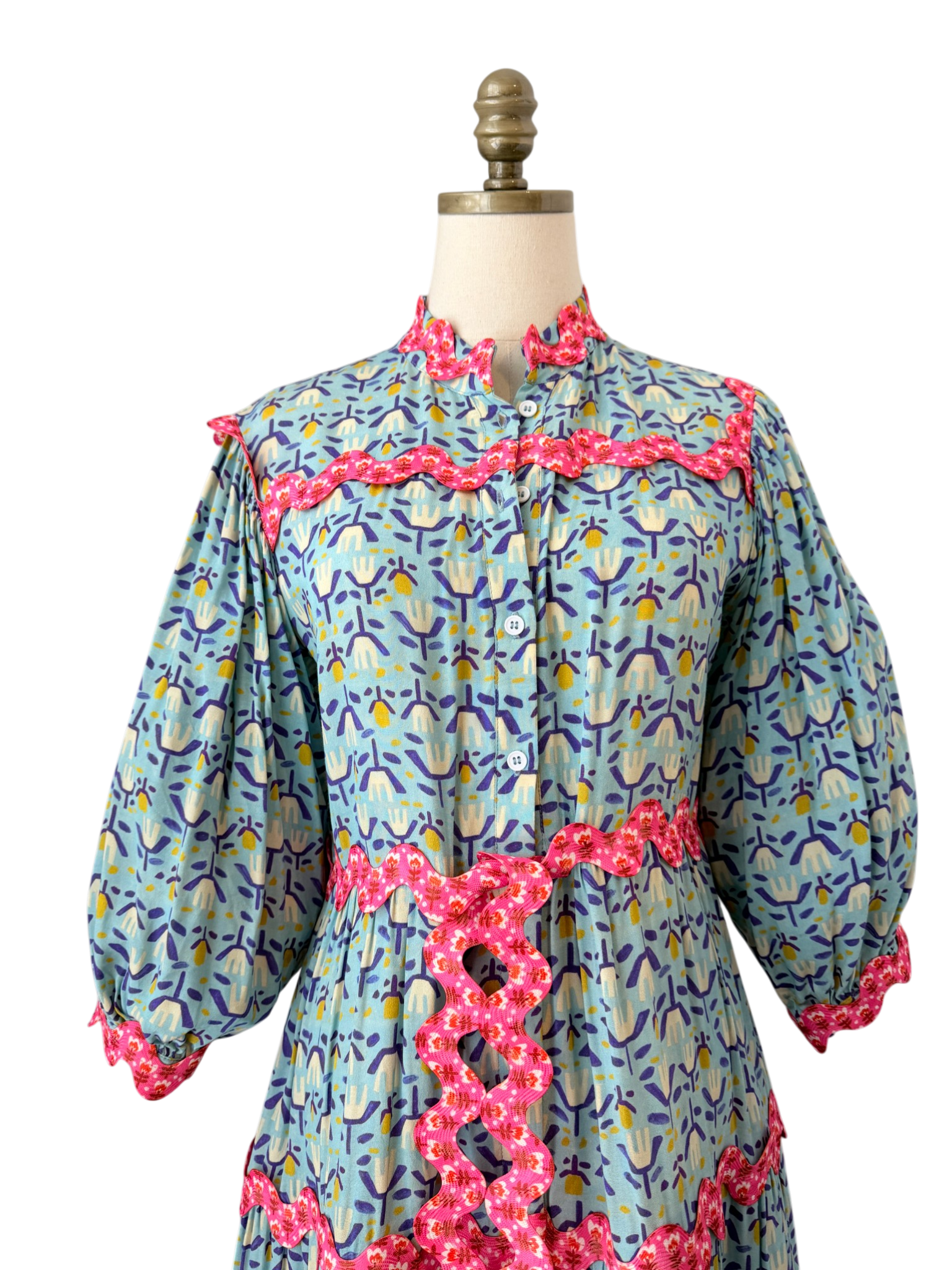 CeliaB “Sabina Sunset” Floral Rayon Dress with Ric Rac Trim
