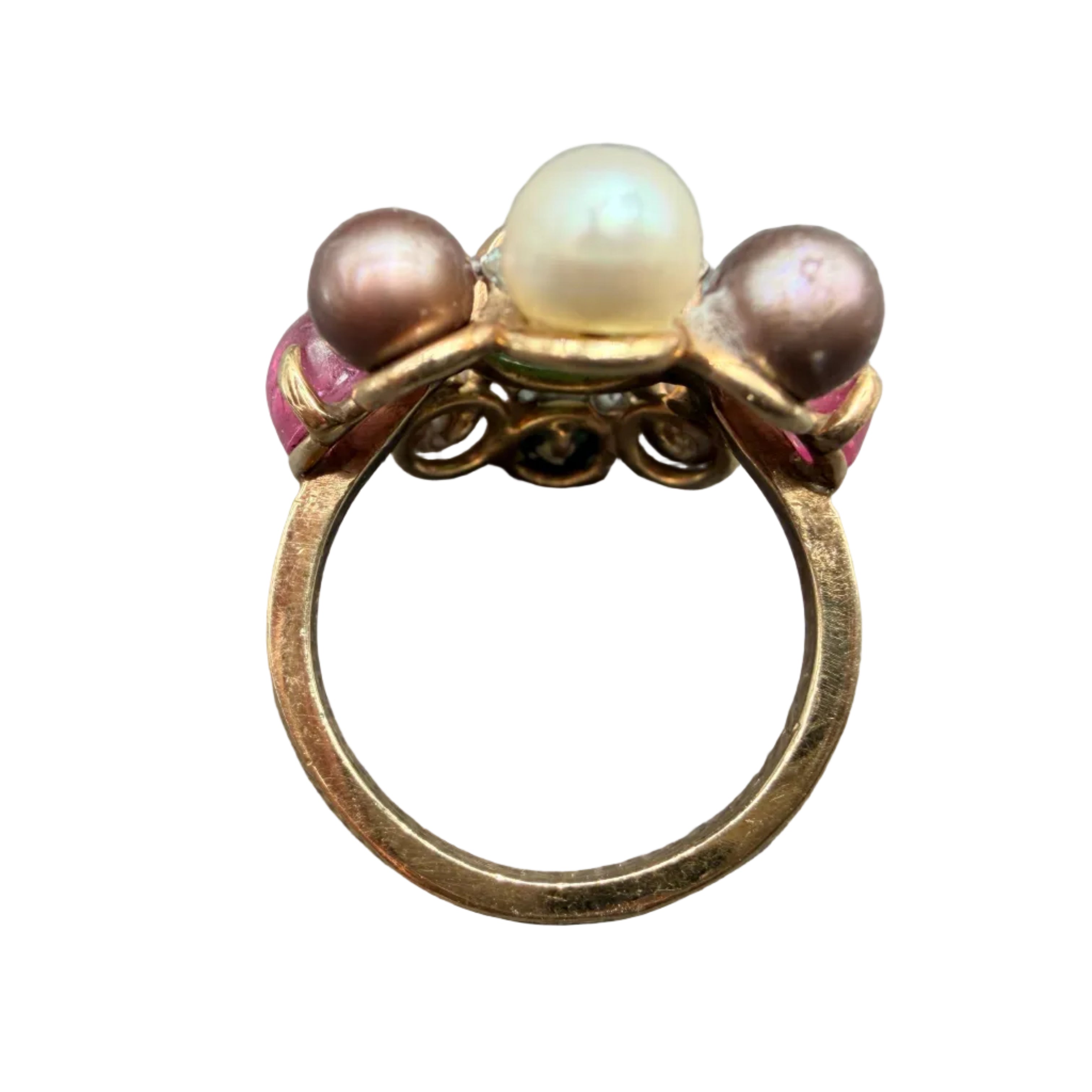 1950s 14K Gold Heliodor, Pink Tourmaline & Pearl Cluster Cocktail Ring