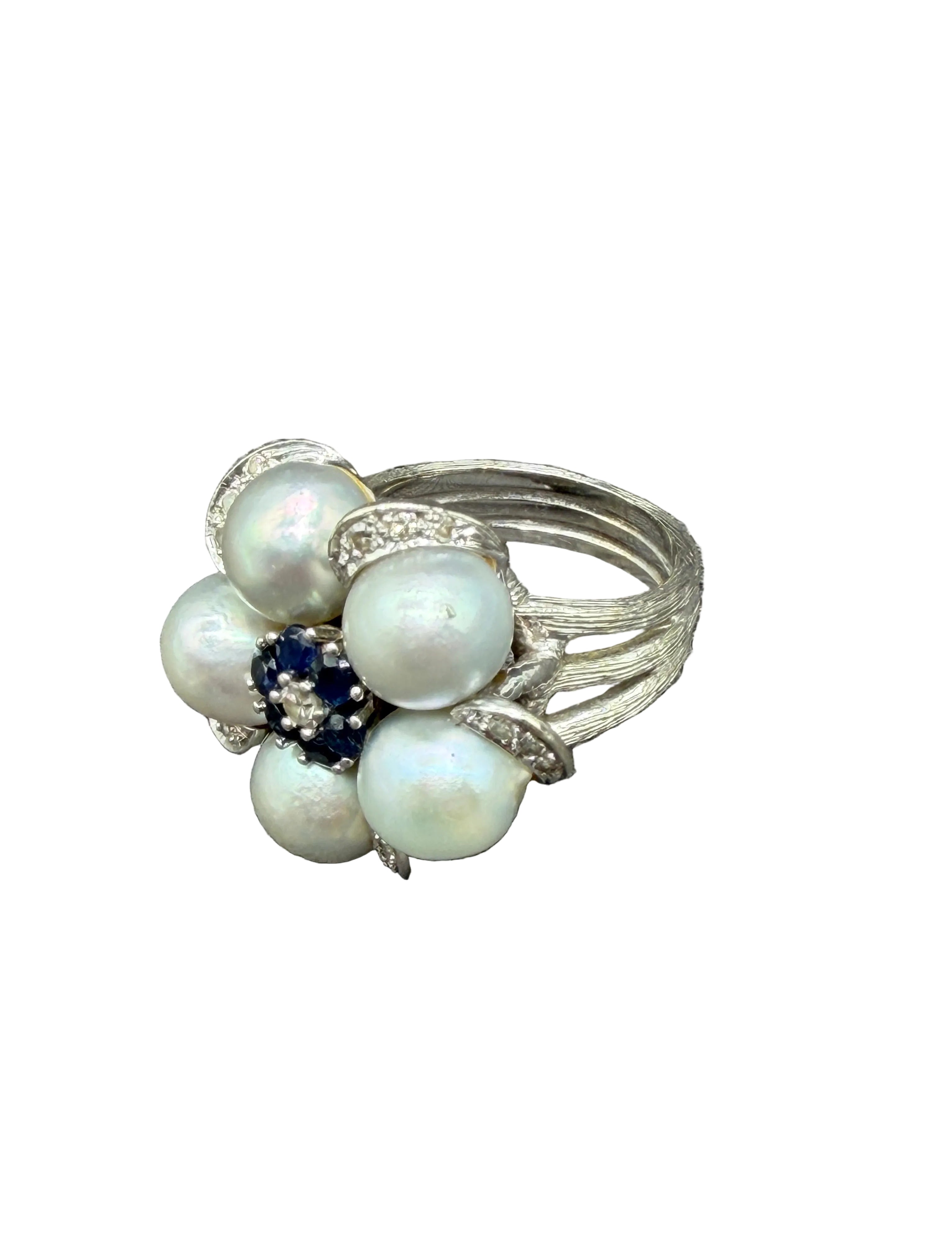1950s 14K White Gold Triple-Band Ring with Australian White Pearls, Diamonds & Sapphires