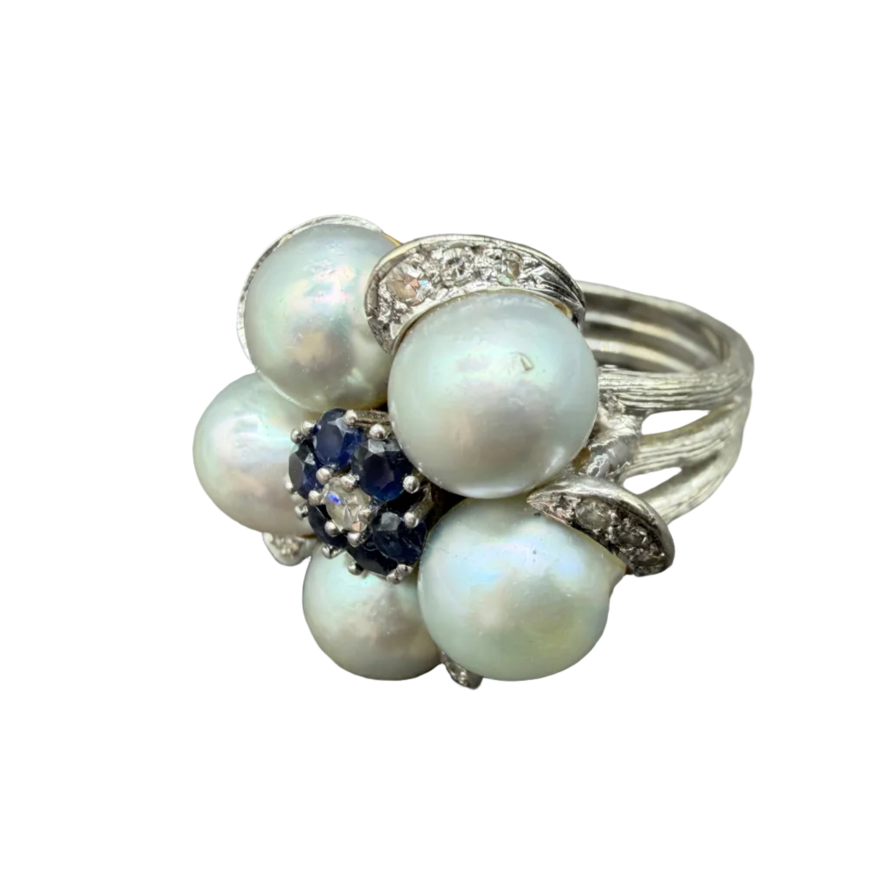 1950s 14K White Gold Triple-Band Ring with Australian White Pearls, Diamonds & Sapphires