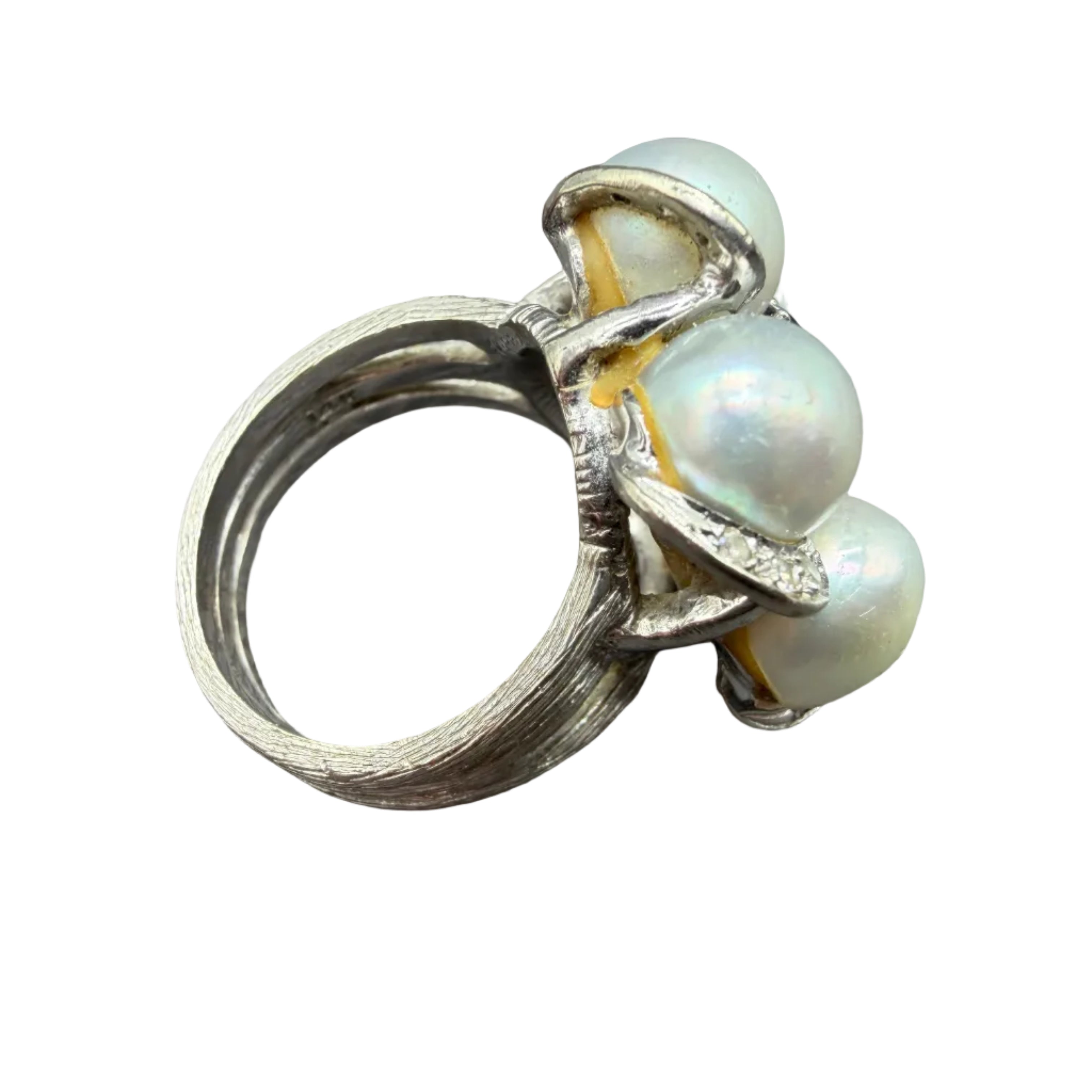 1950s 14K White Gold Triple-Band Ring with Australian White Pearls, Diamonds & Sapphires