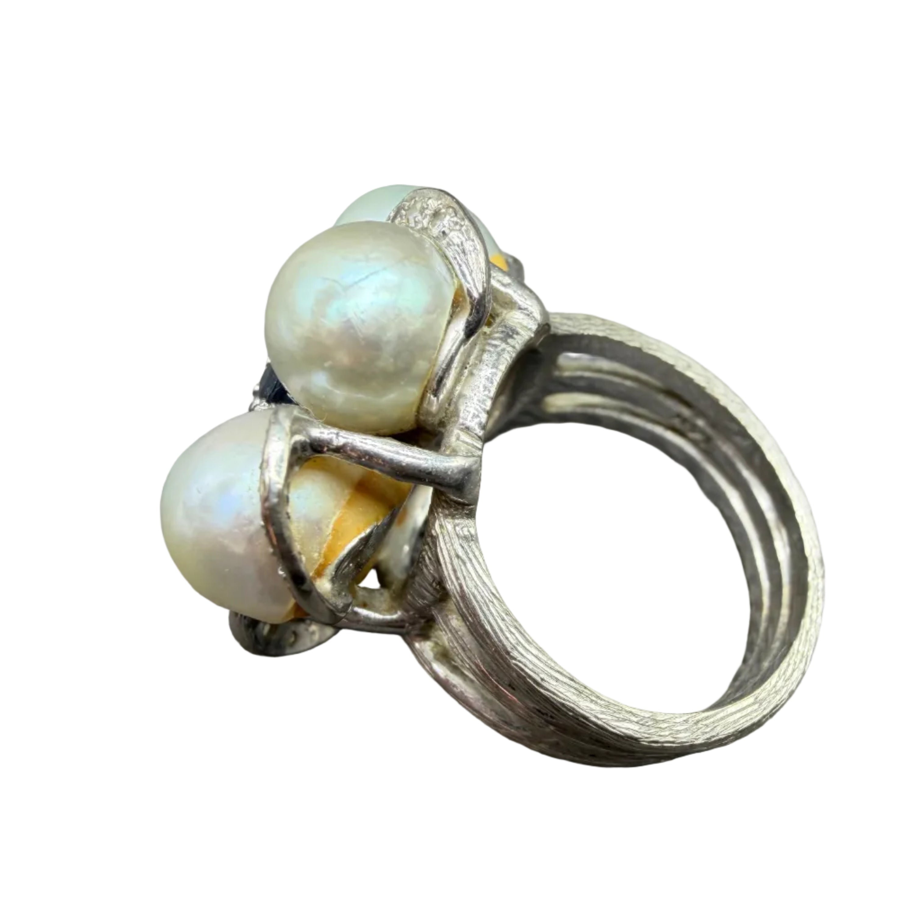 1950s 14K White Gold Triple-Band Ring with Australian White Pearls, Diamonds & Sapphires