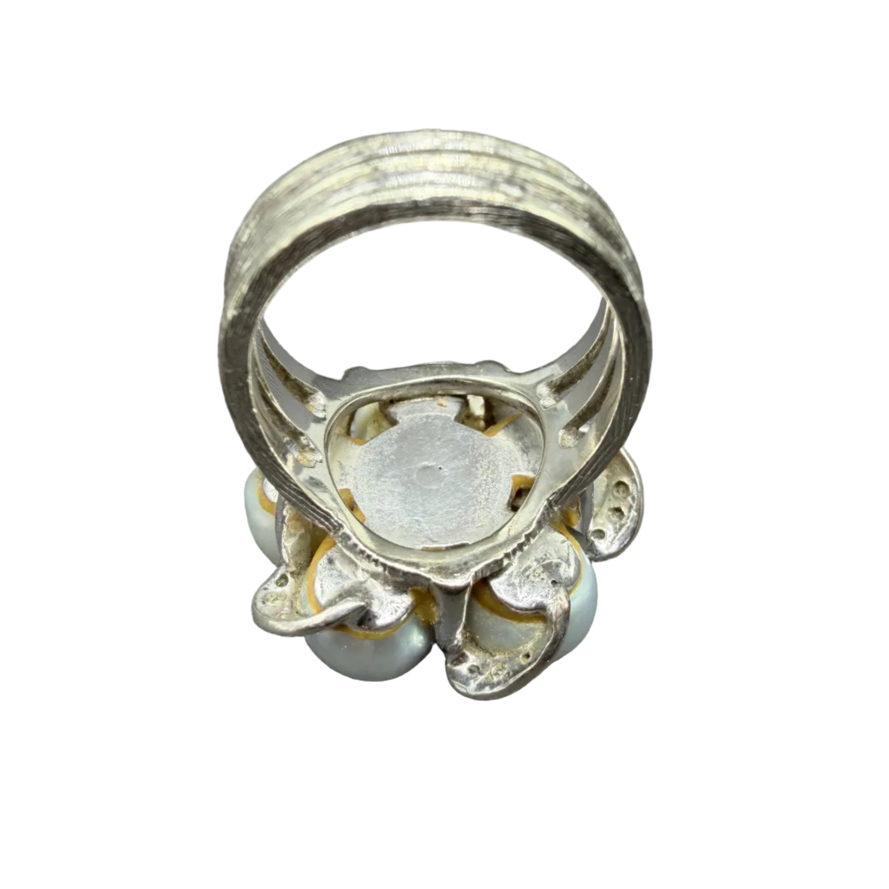 1950s 14K White Gold Triple-Band Ring with Australian White Pearls, Diamonds & Sapphires