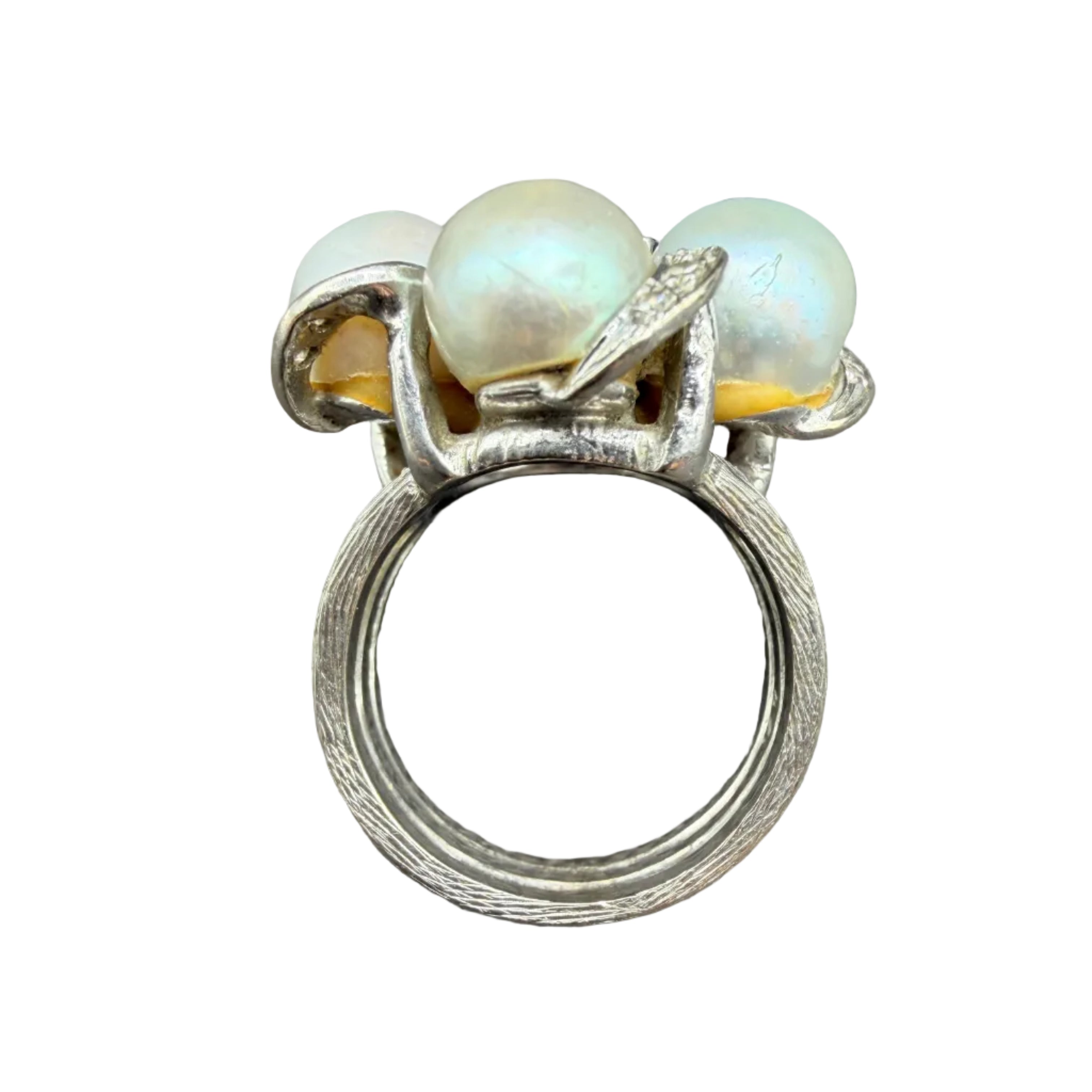 1950s 14K White Gold Triple-Band Ring with Australian White Pearls, Diamonds & Sapphires