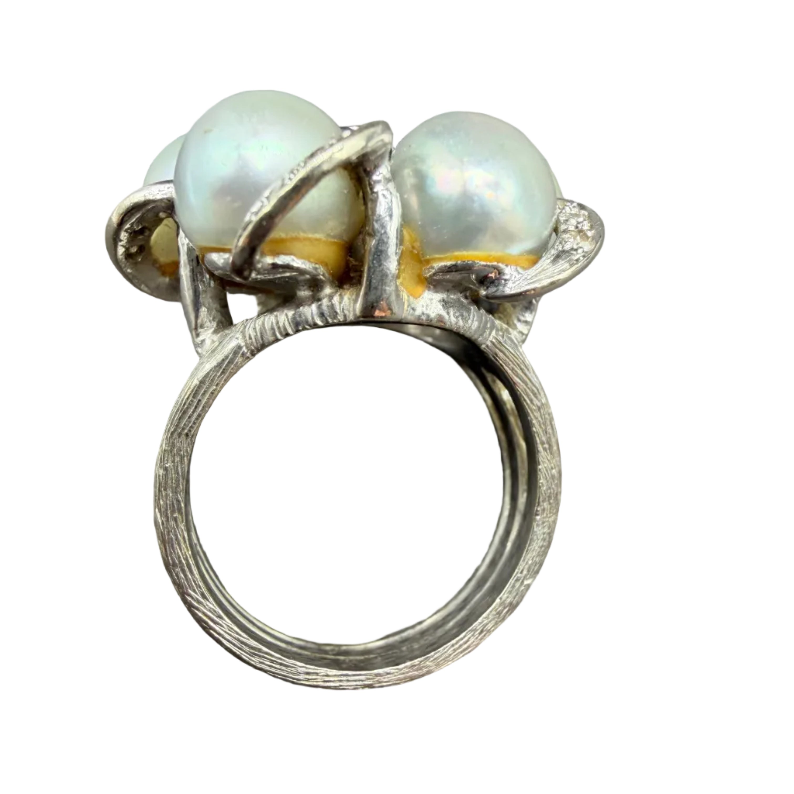 1950s 14K White Gold Triple-Band Ring with Australian White Pearls, Diamonds & Sapphires