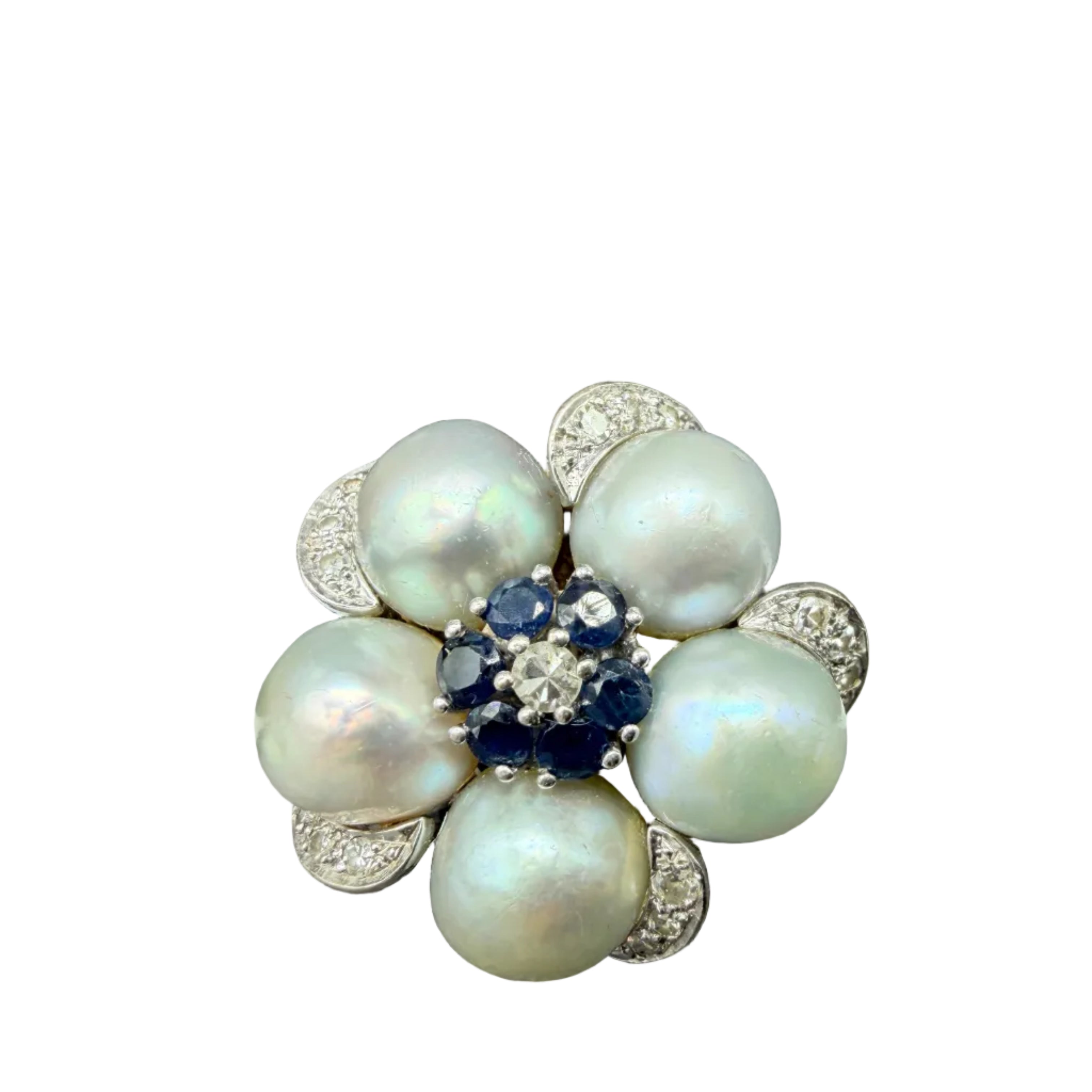 1950s 14K White Gold Triple-Band Ring with Australian White Pearls, Diamonds & Sapphires