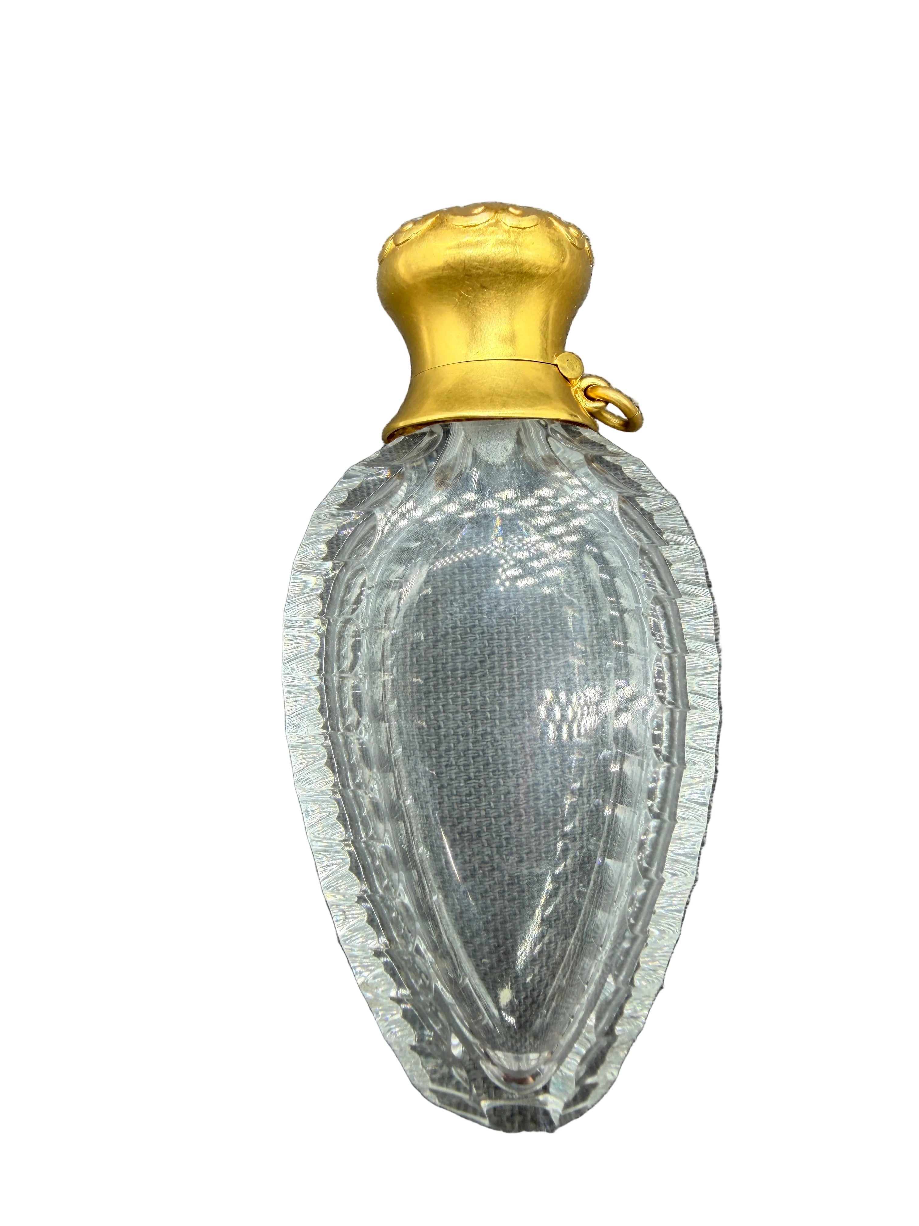 Rare Antique Tiffany & Co. New York Carved Rock Crystal Perfume Bottle with 14K Gold & Emerald Cabochon