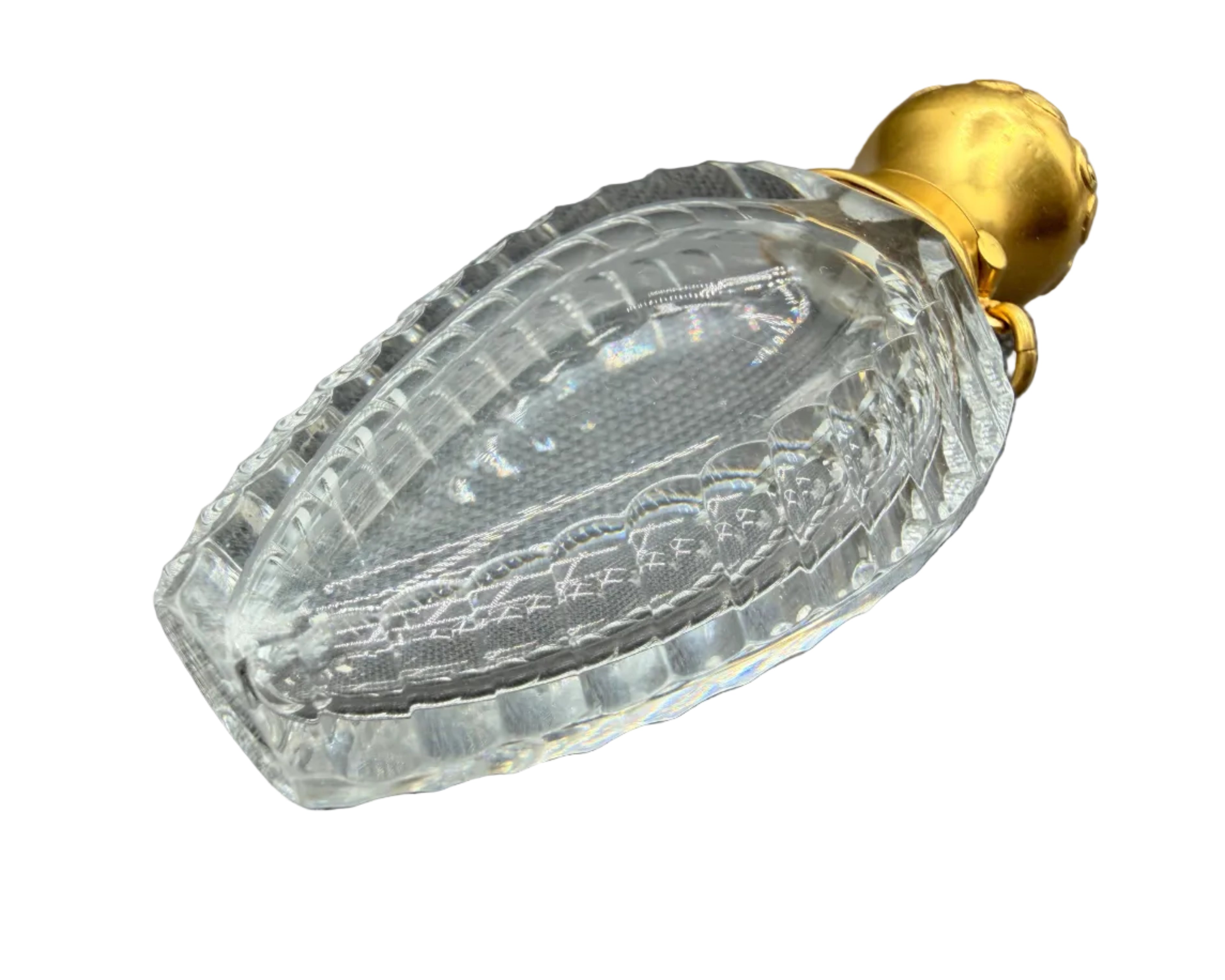 Rare Antique Tiffany & Co. New York Carved Rock Crystal Perfume Bottle with 14K Gold & Emerald Cabochon
