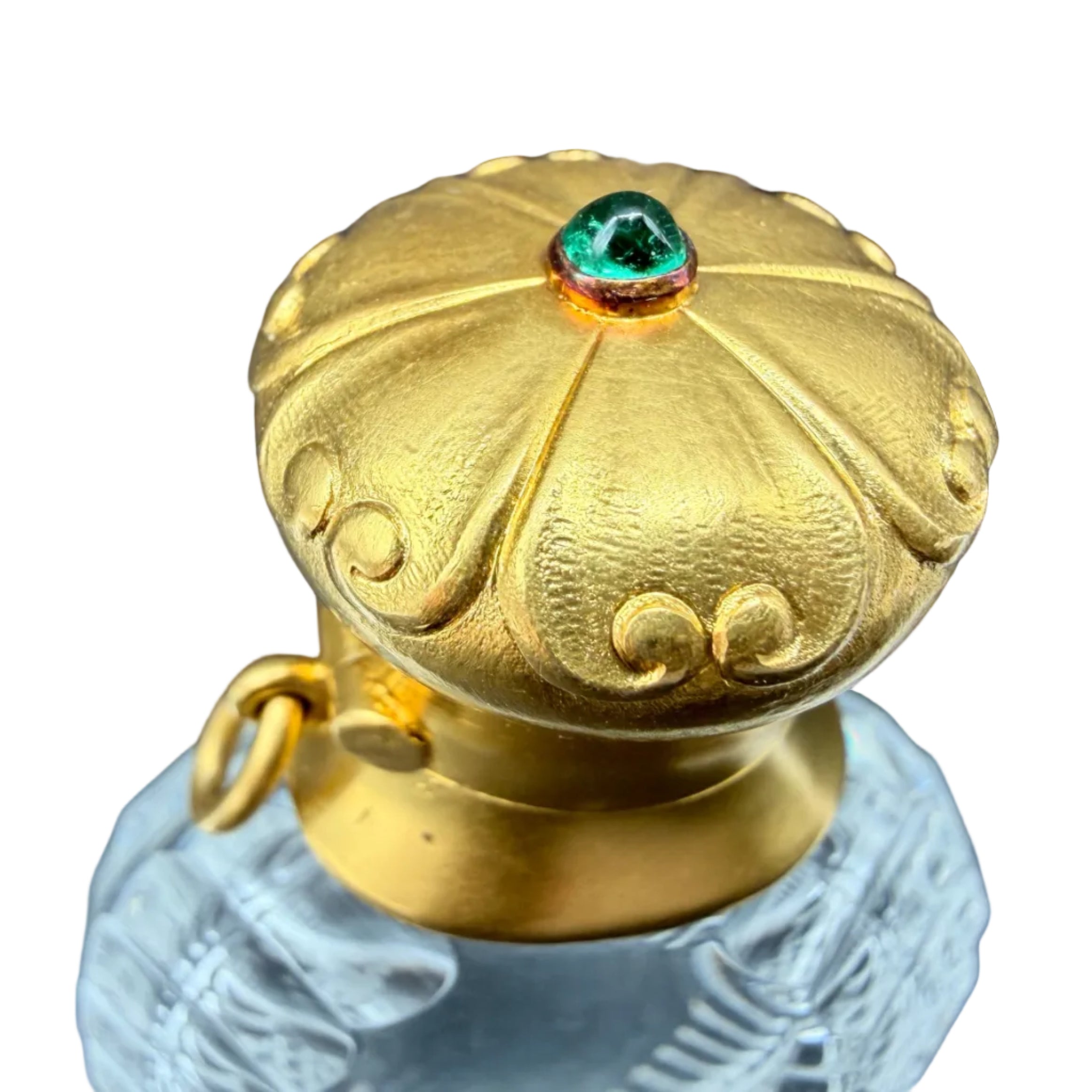 Rare Antique Tiffany & Co. New York Carved Rock Crystal Perfume Bottle with 14K Gold & Emerald Cabochon