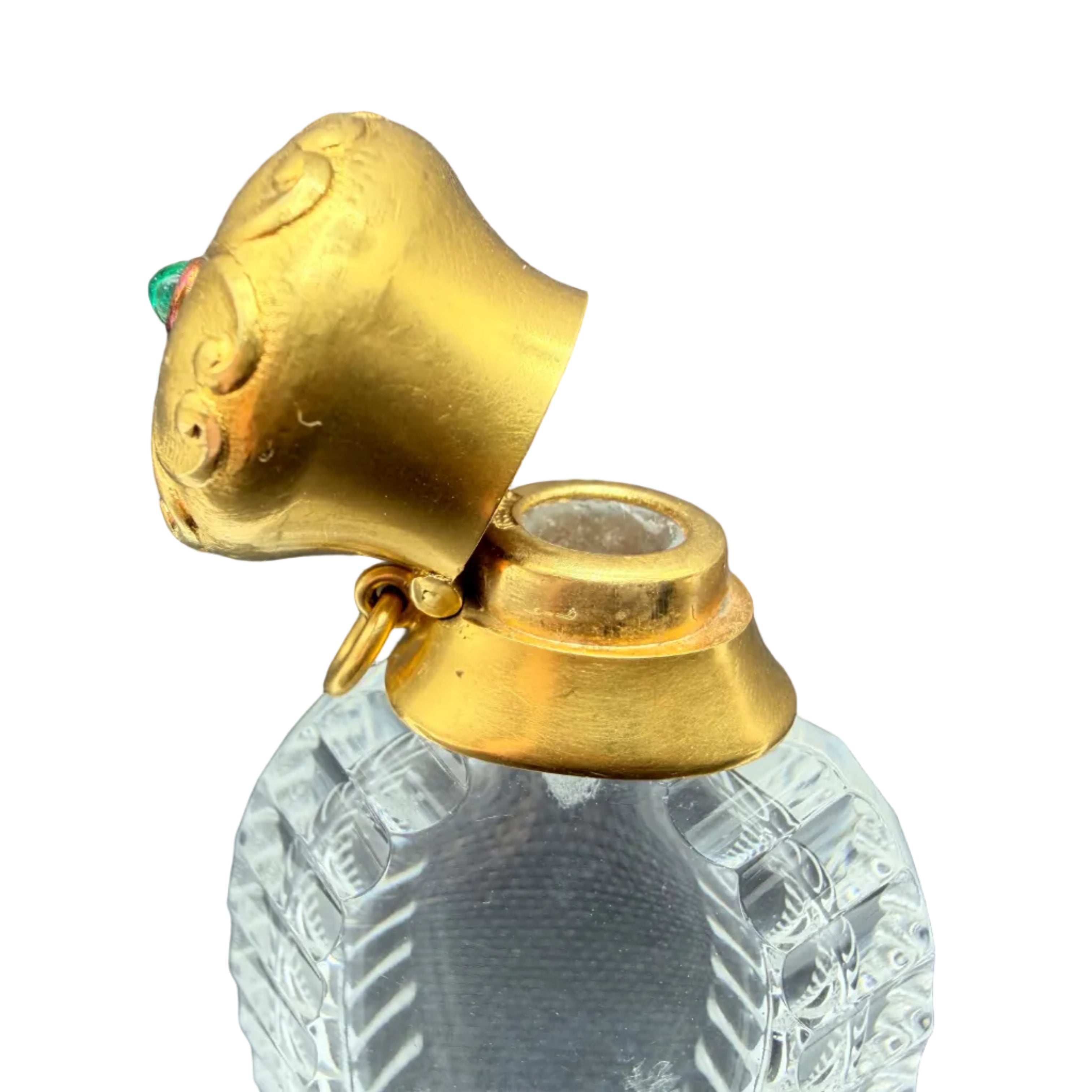Rare Antique Tiffany & Co. New York Carved Rock Crystal Perfume Bottle with 14K Gold & Emerald Cabochon