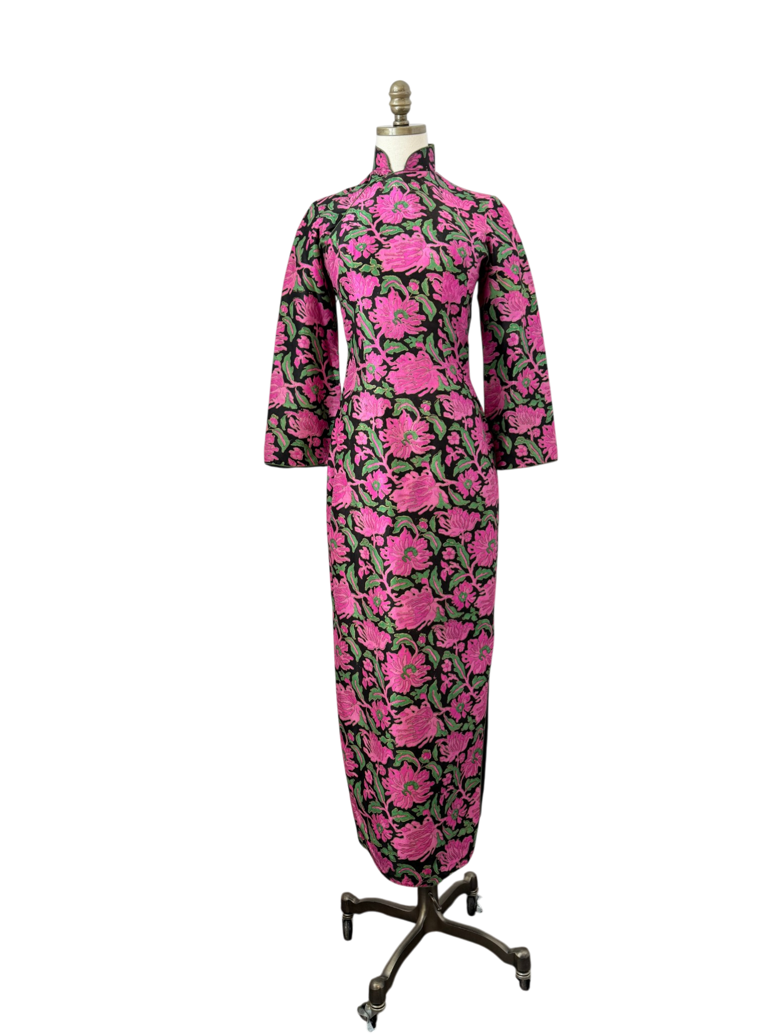 1950s Raw Silk hand painted traditional Cheongsam dress with peonies