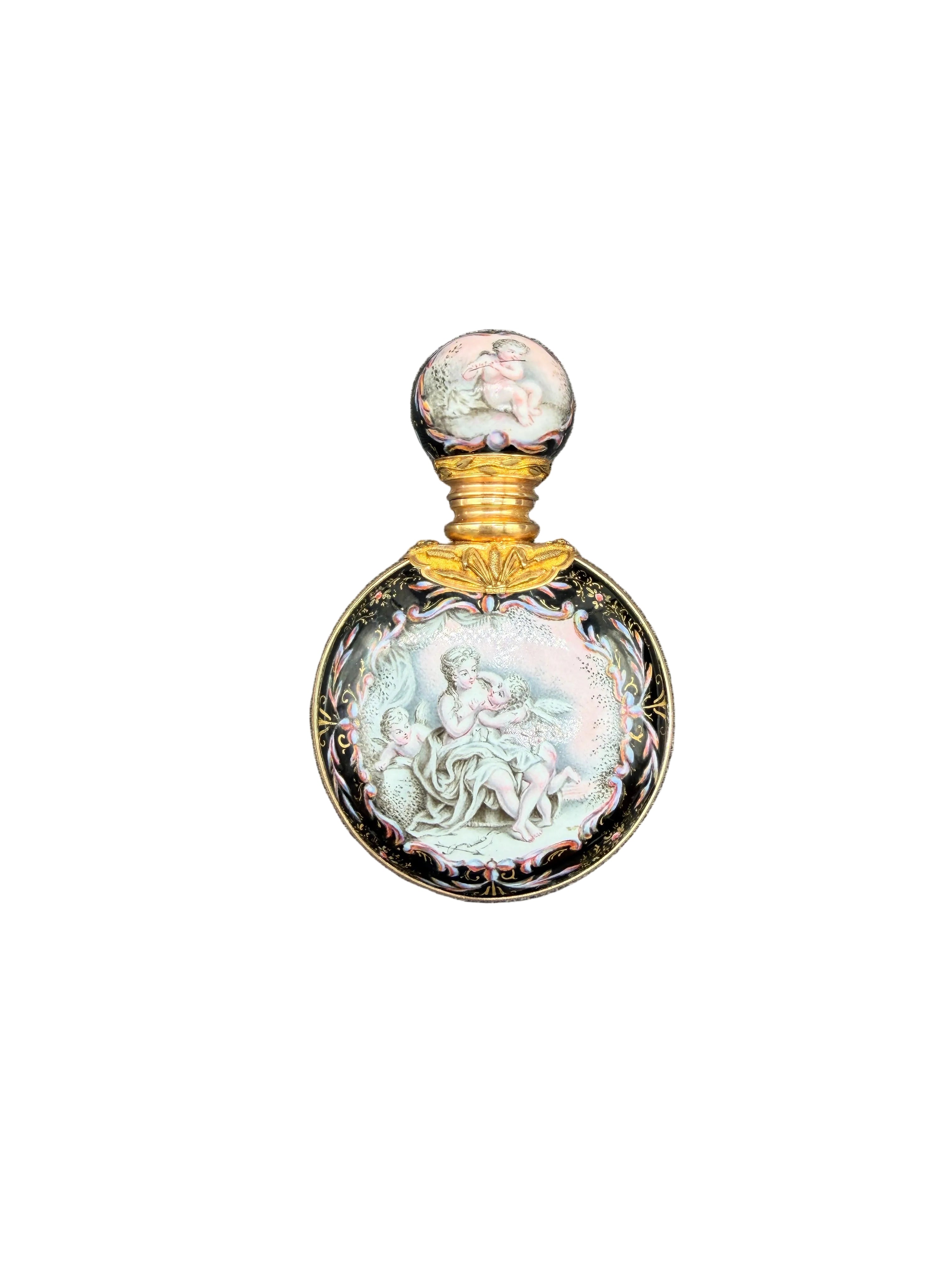 19th Century Viennese Enamel & 14K Gold Mounted Scent Bottle with Hand-Painted Rococo Angels