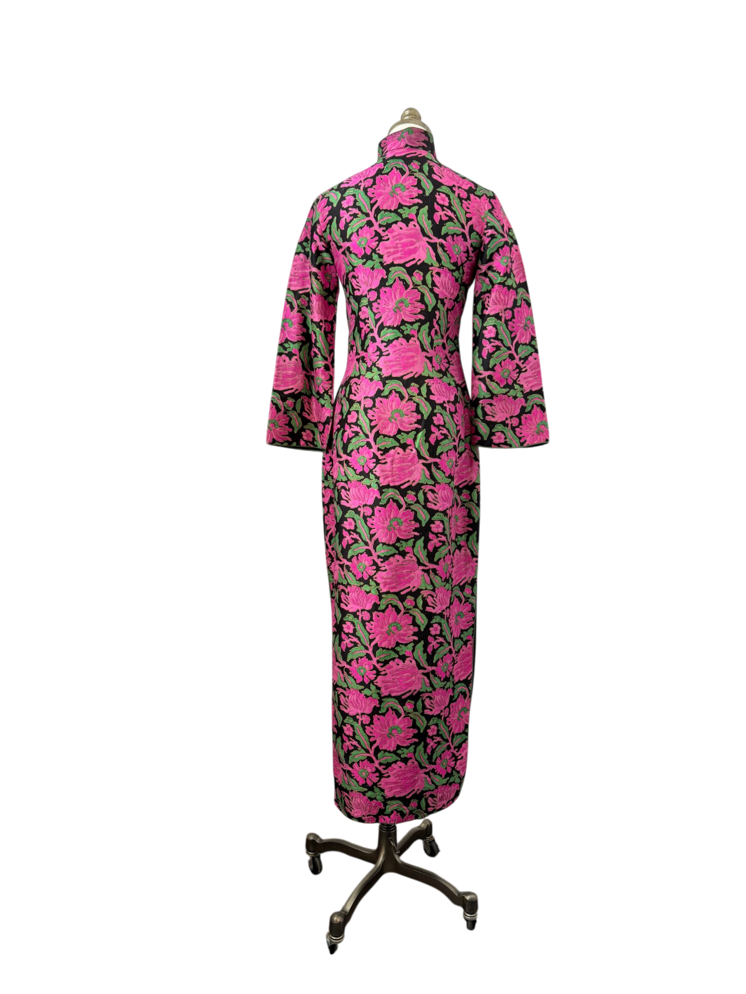 1950s Raw Silk hand painted traditional Cheongsam dress with peonies