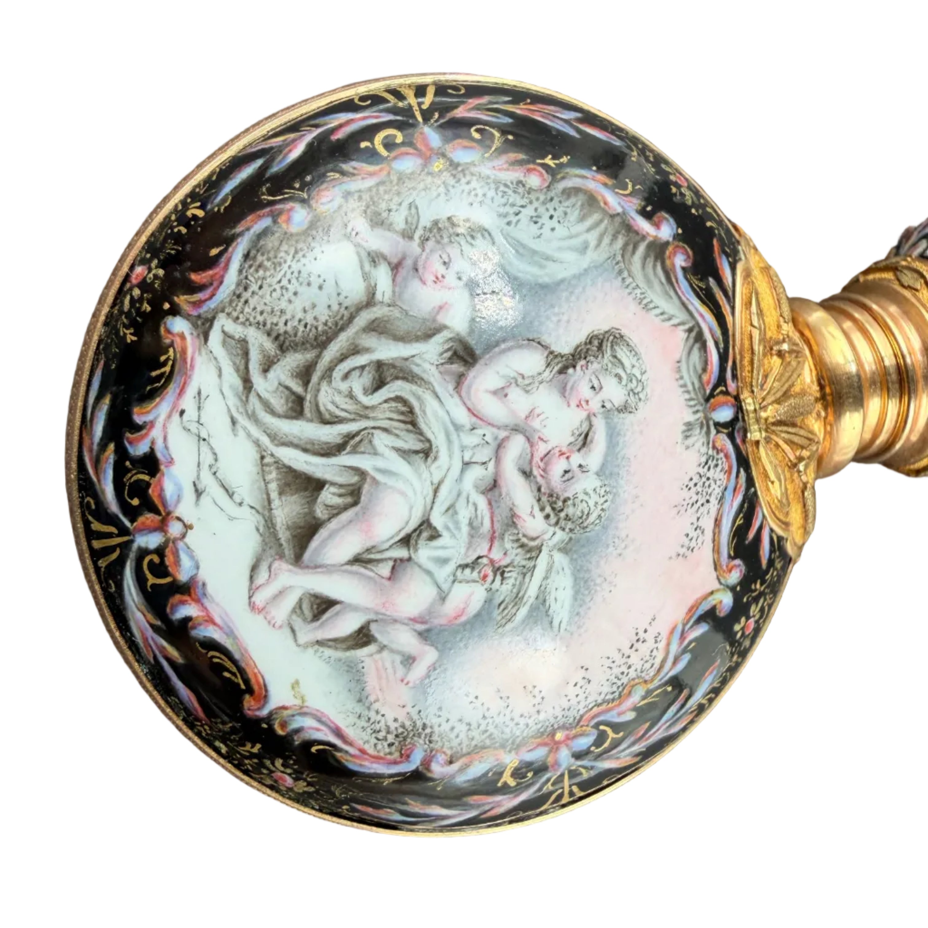 19th Century Viennese Enamel & 14K Gold Mounted Scent Bottle with Hand-Painted Rococo Angels