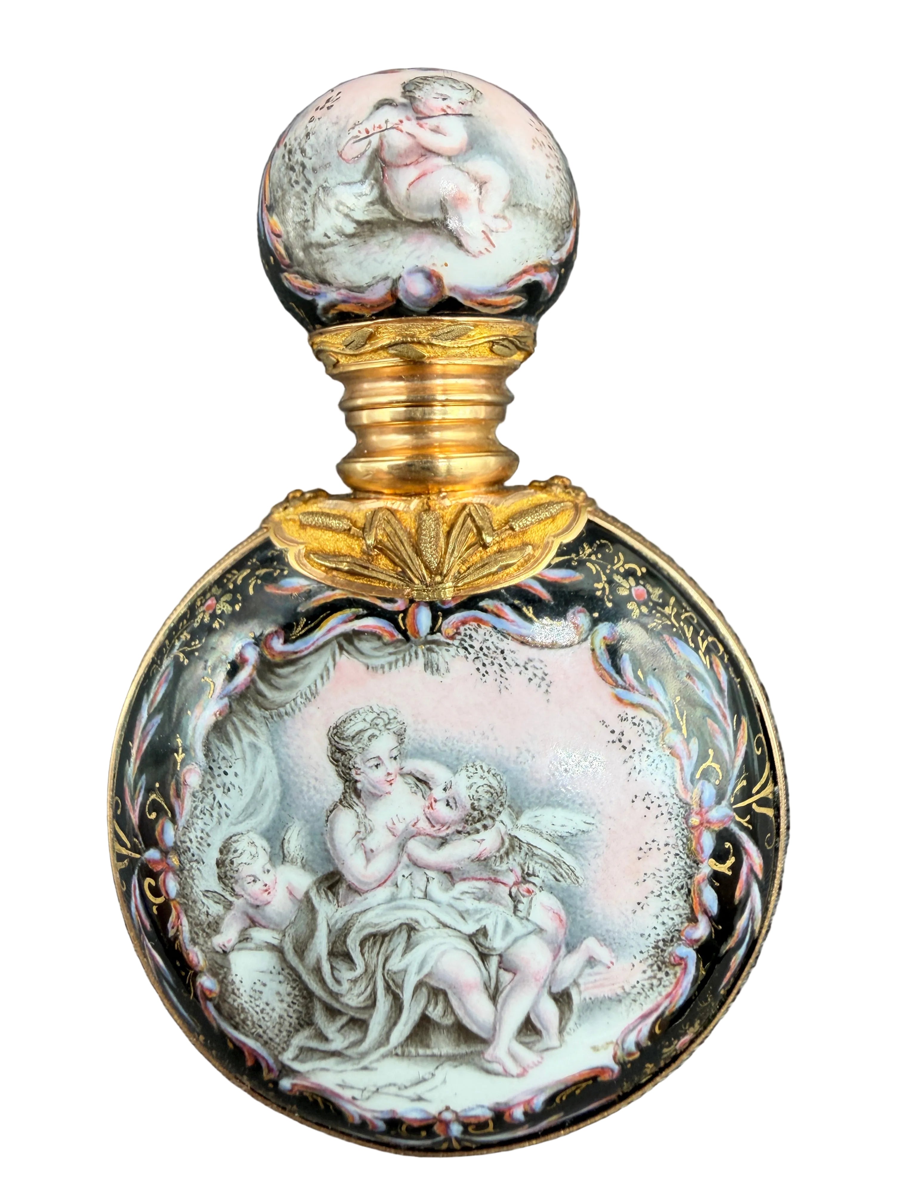 19th Century Viennese Enamel & 14K Gold Mounted Scent Bottle with Hand-Painted Rococo Angels